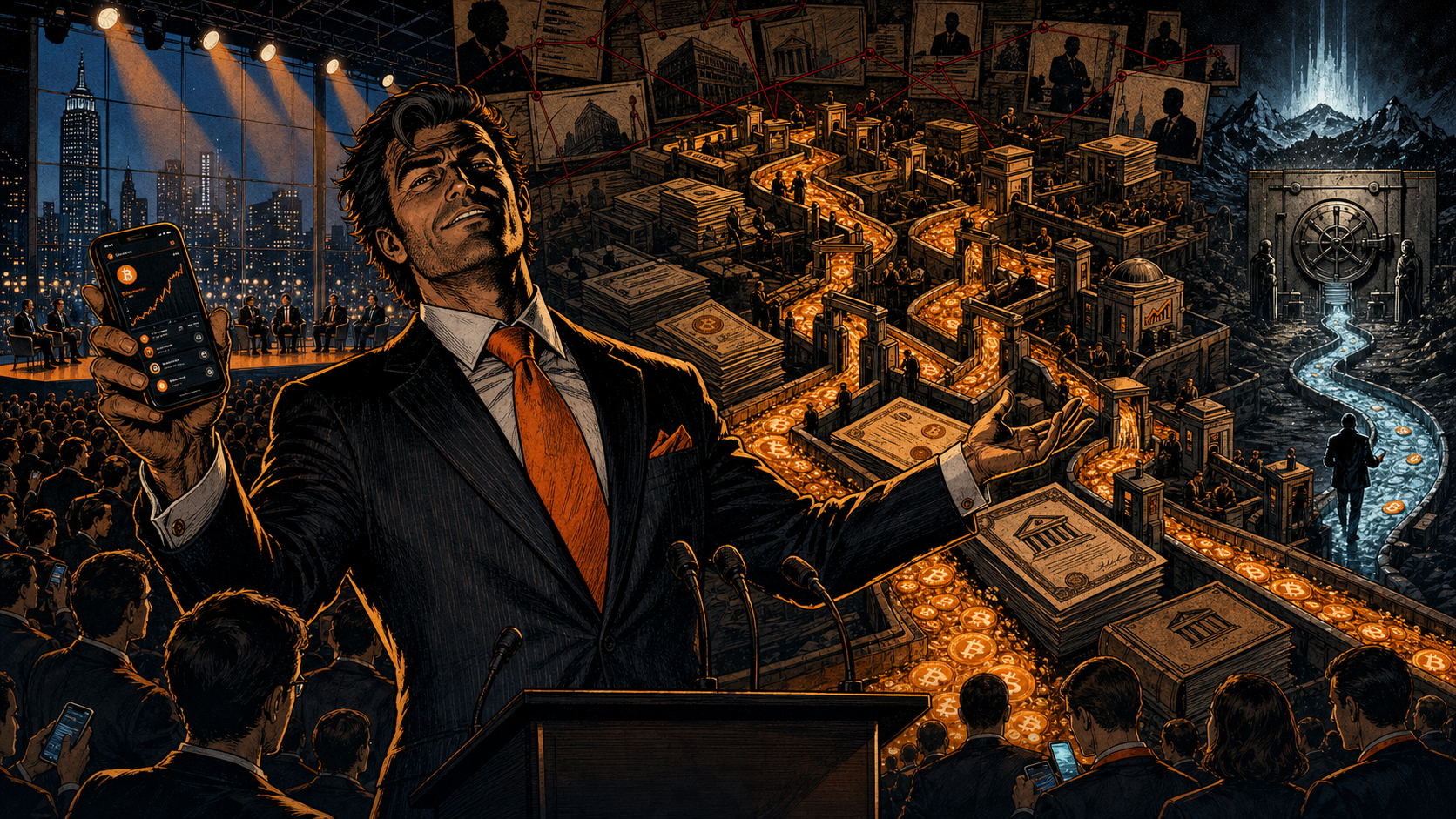 Comic noir Wall Street scene showing an orange-tie financier diverting Bitcoin capital through financial wrappers and toll booths.