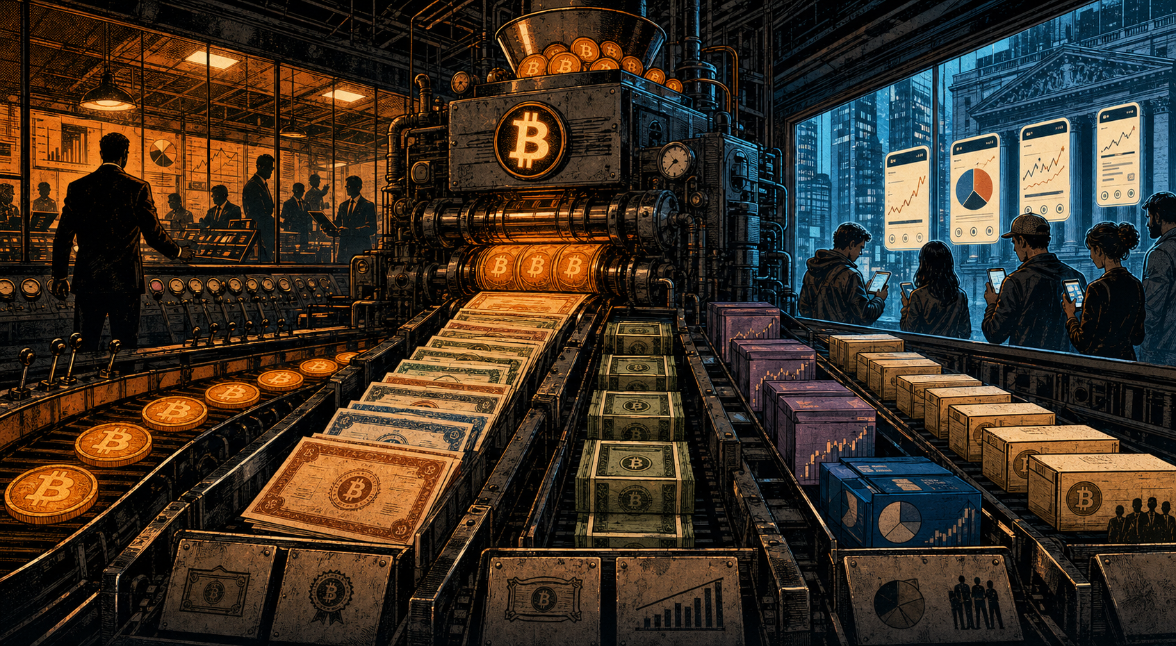 Comic illustration of a Wall Street machine stamping Bitcoin into financial wrappers.