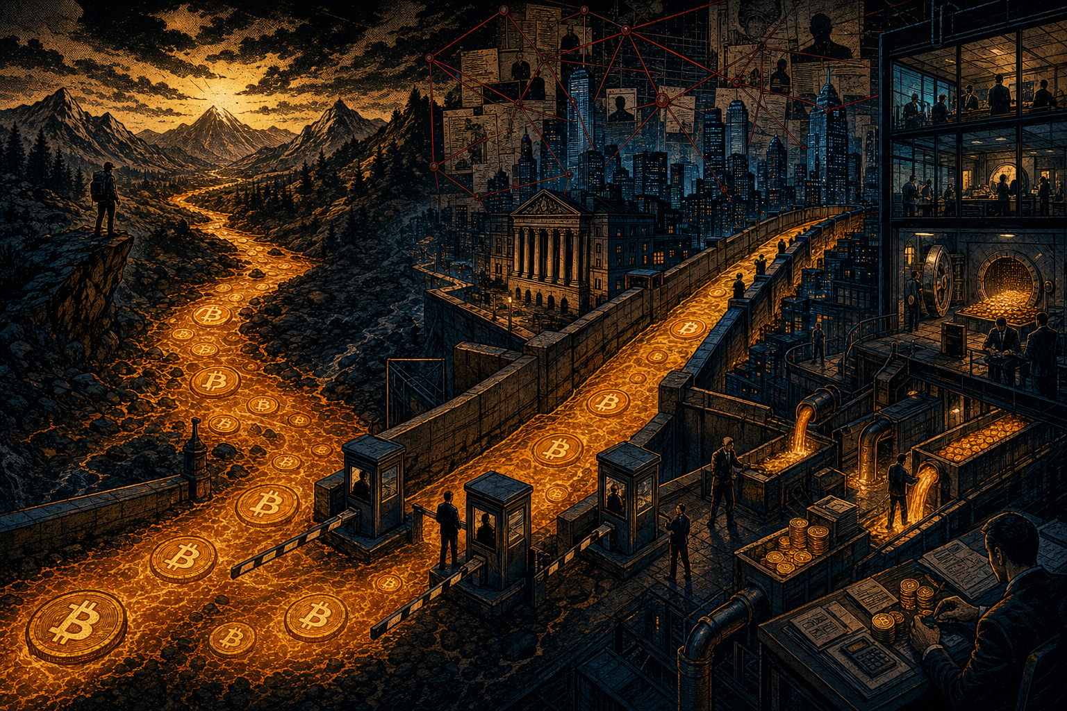 Comic illustration of an orange Bitcoin river being diverted into a Wall Street canal.
