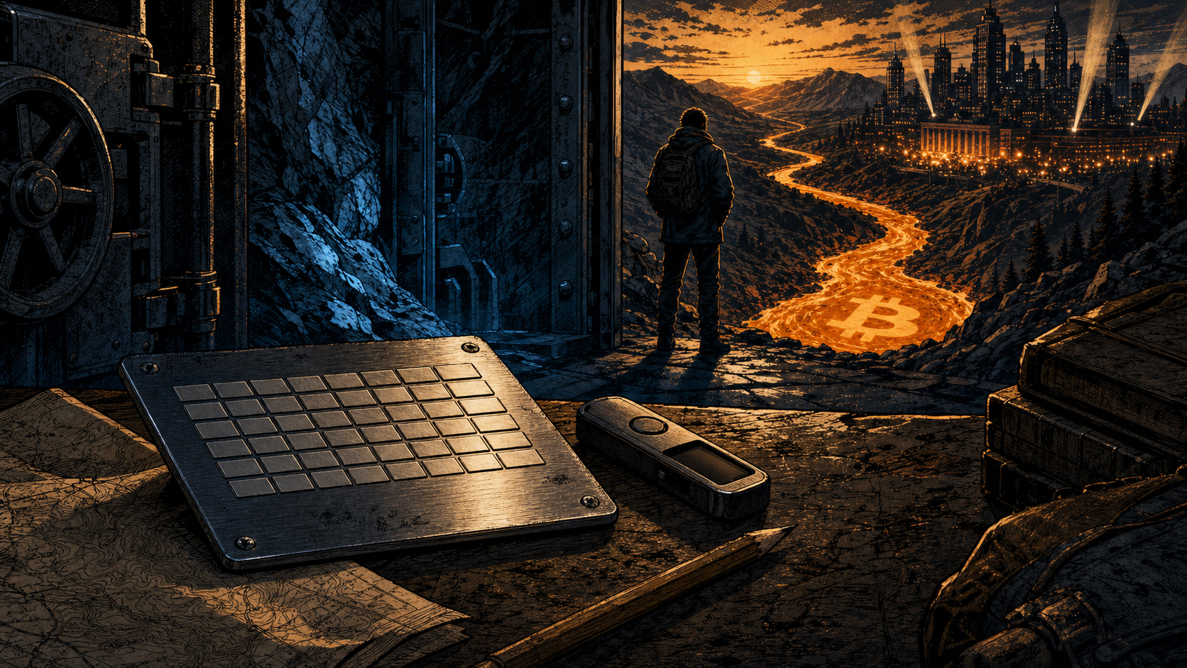 Comic illustration of a steel seed phrase plate in a cold vault overlooking an orange Bitcoin river.
