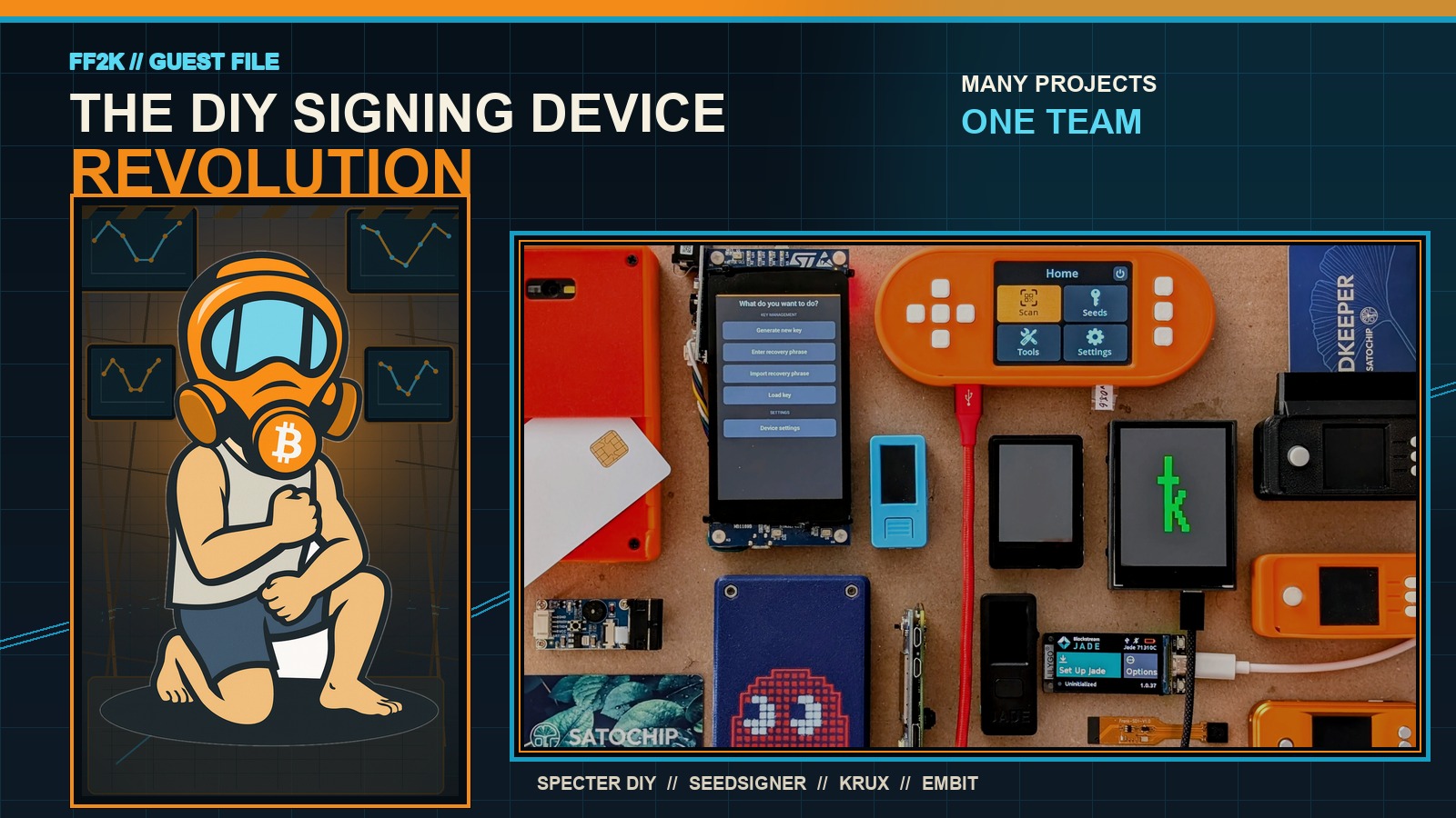 The real FF2K character in a noir newsroom beside a tabletop of DIY bitcoin signing devices.