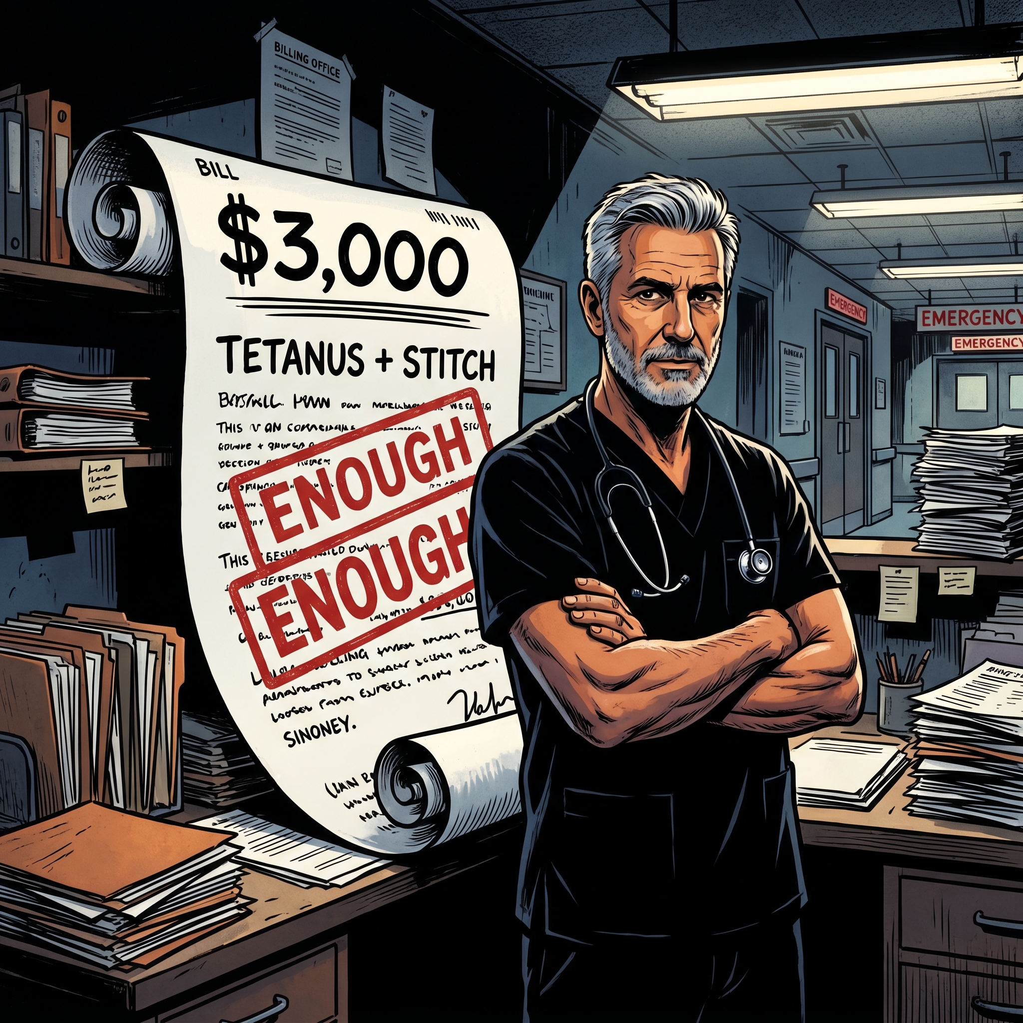 Dr. Dom Mazza in a dark hospital billing office beside a giant $3,000 tetanus and stitch bill stamped enough.