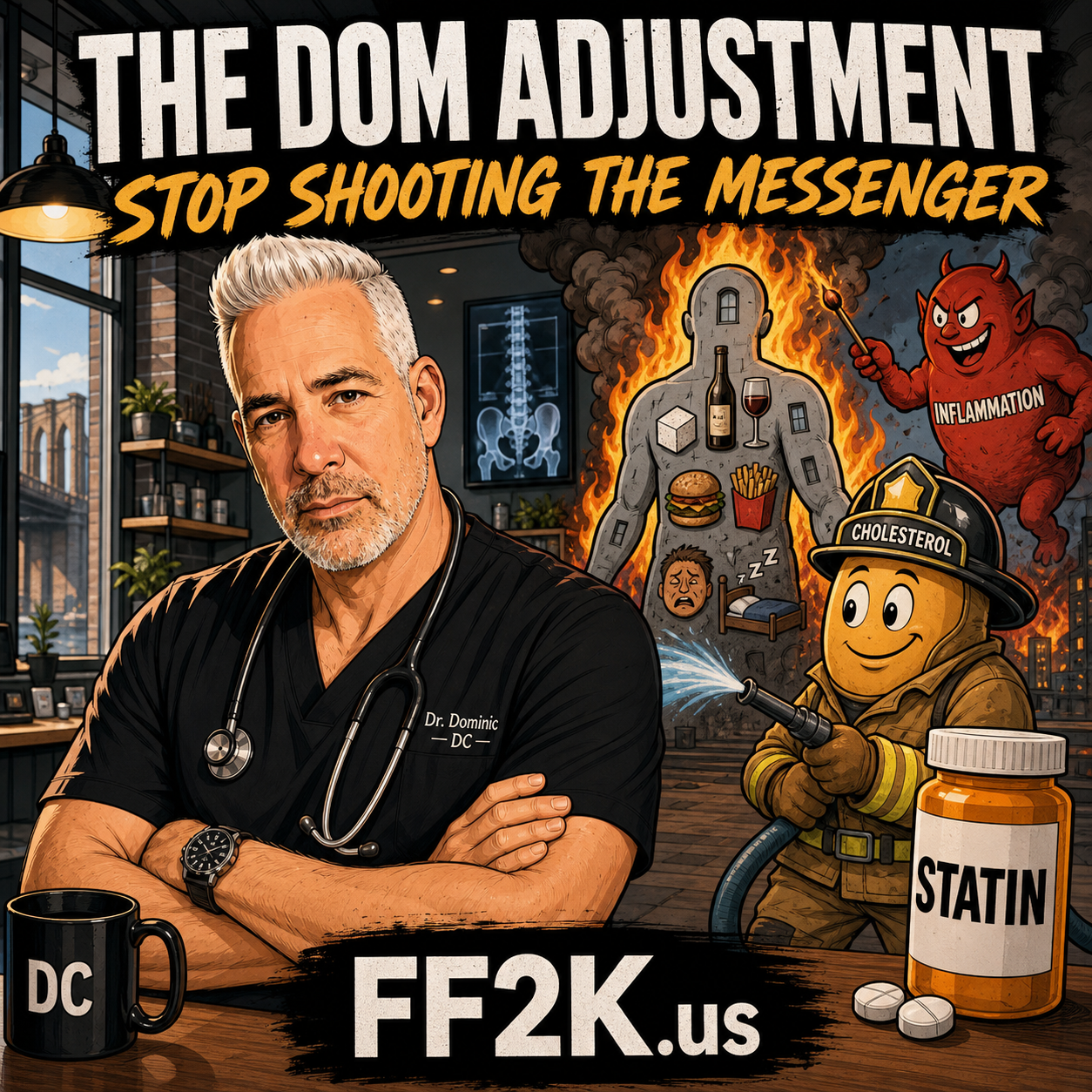 Dr. Dom Mazza in a cartoon clinic beside cholesterol as a firefighter and inflammation as the arsonist.