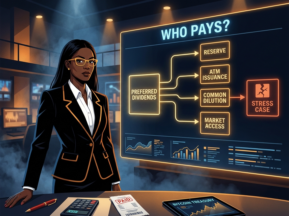 Ebony I reviewing a noir evidence board labeled Who Pays? with Bitcoin preferred dividend funding paths.