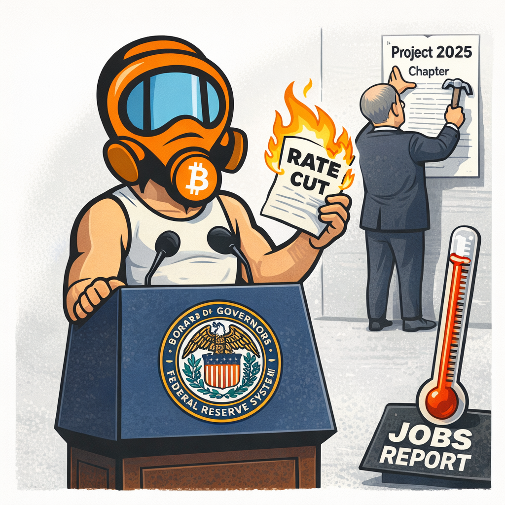 FF2K generated dispatch art for Hot Jobs Kills Rate Cuts, Judge's Rib Kills Yankees Season, and the Fed Hires a Project 2025 Guy