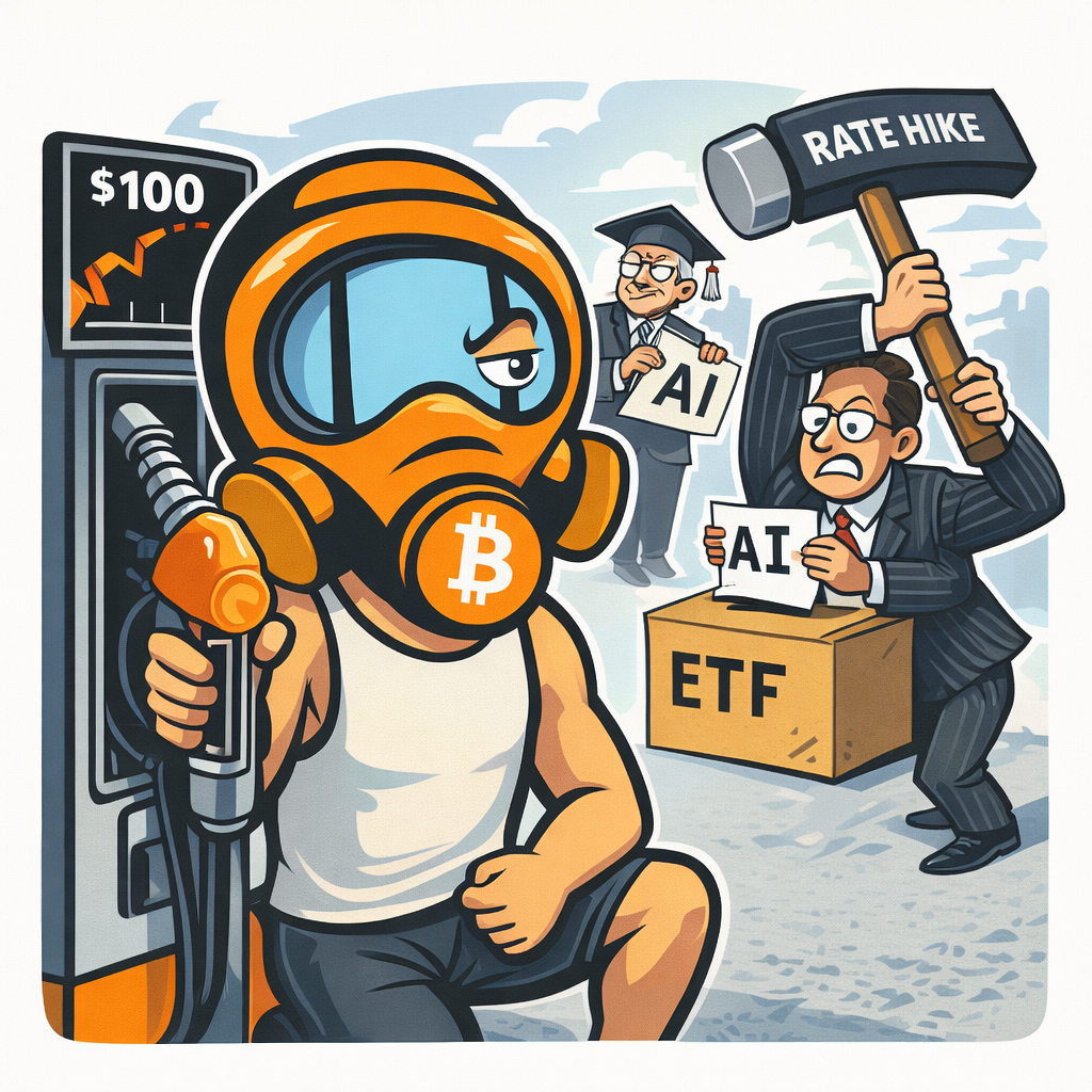 FF2K generated cartoon for Oil at $100, AI ETFs everywhere, and baseball is somehow the sanest thing happening