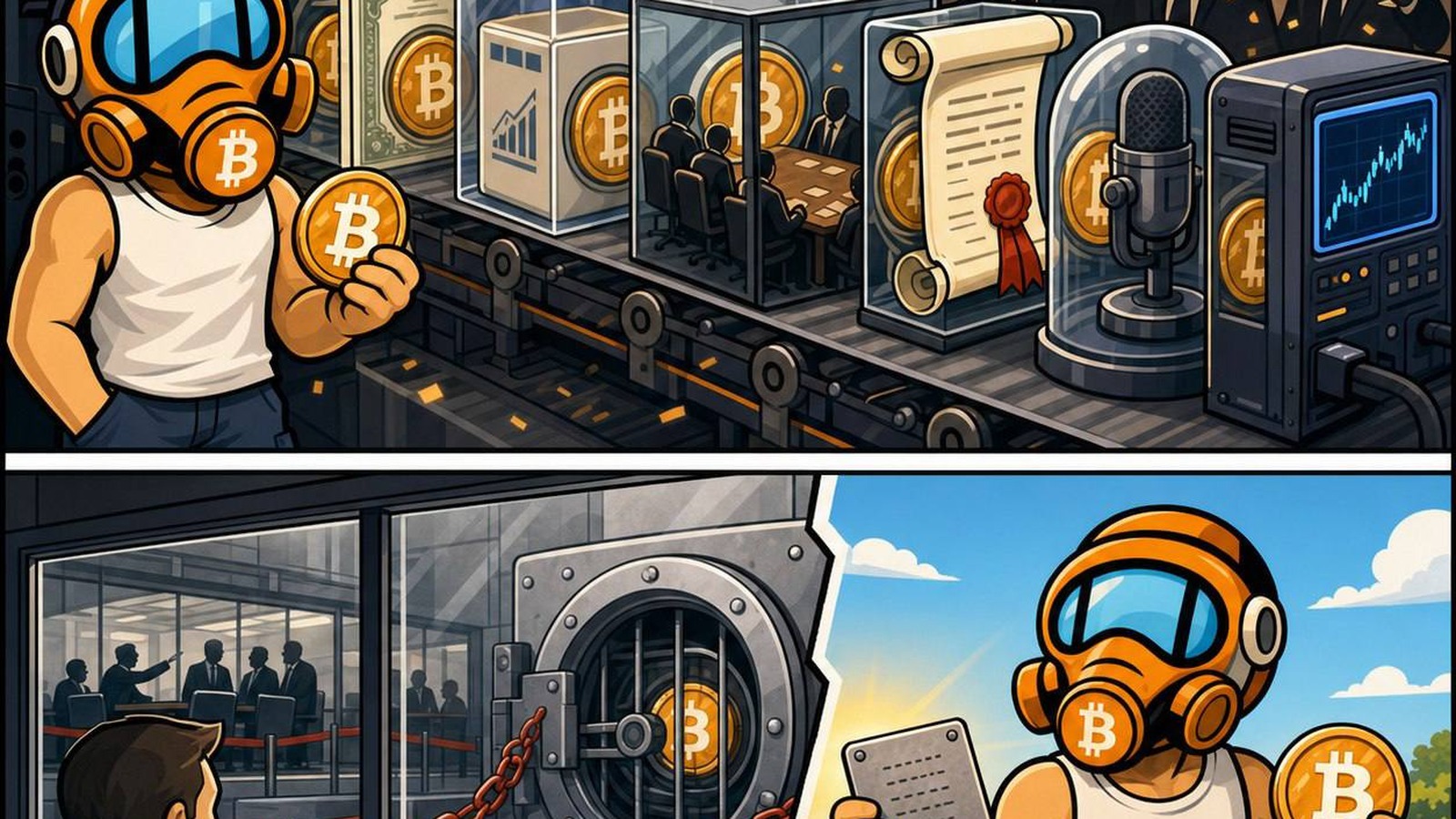 FF2K watches corporate Bitcoin wrappers roll past on a factory conveyor while self-custody stands outside the vault system.