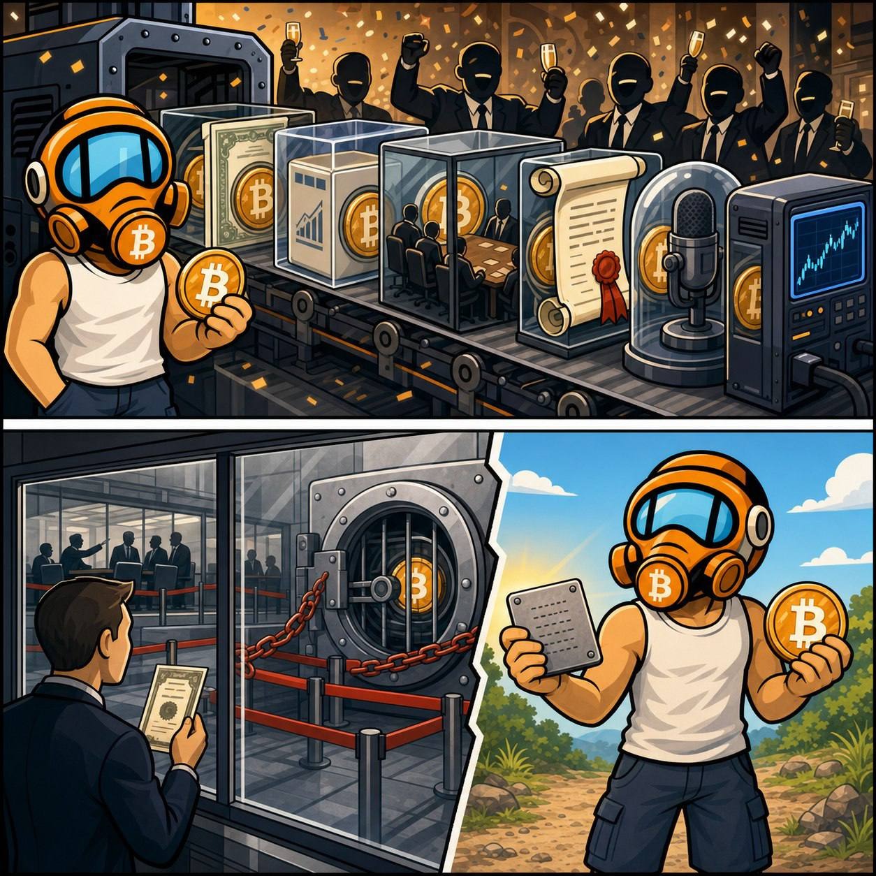 Comic panel contrasting corporate Bitcoin wrappers in glass cases with FF2K holding bitcoin in self-custody outside the institution.