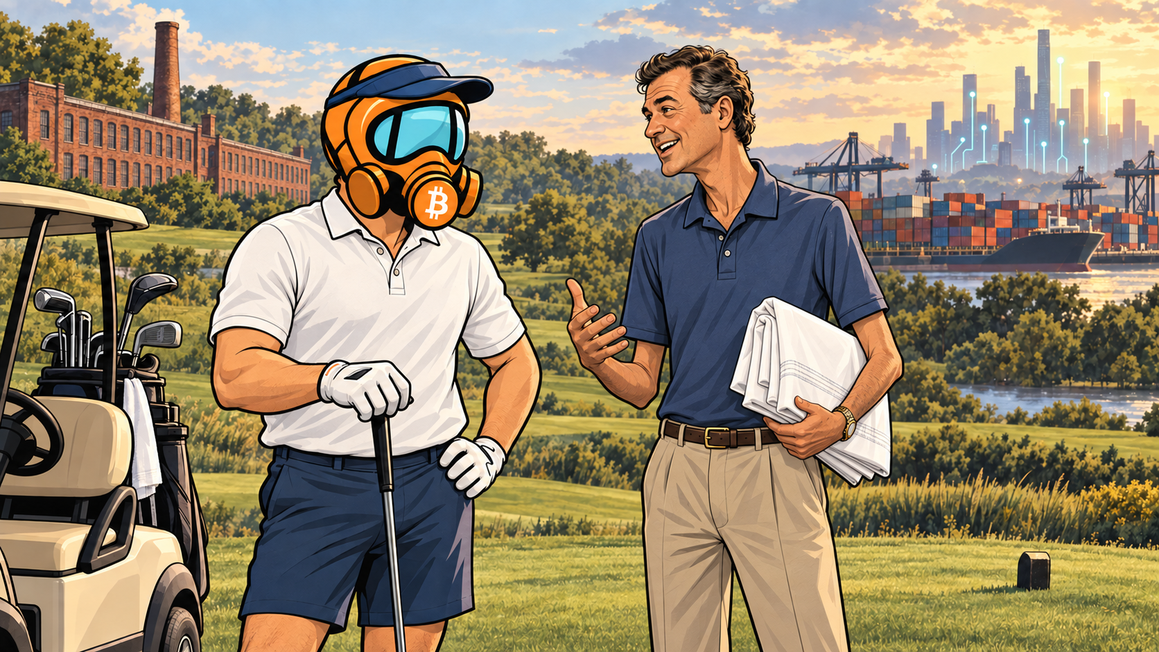 FF2K and a tall, thin Eddie Mutch talk on a golf course, with a New Jersey factory, container port, and AI skyline behind them.