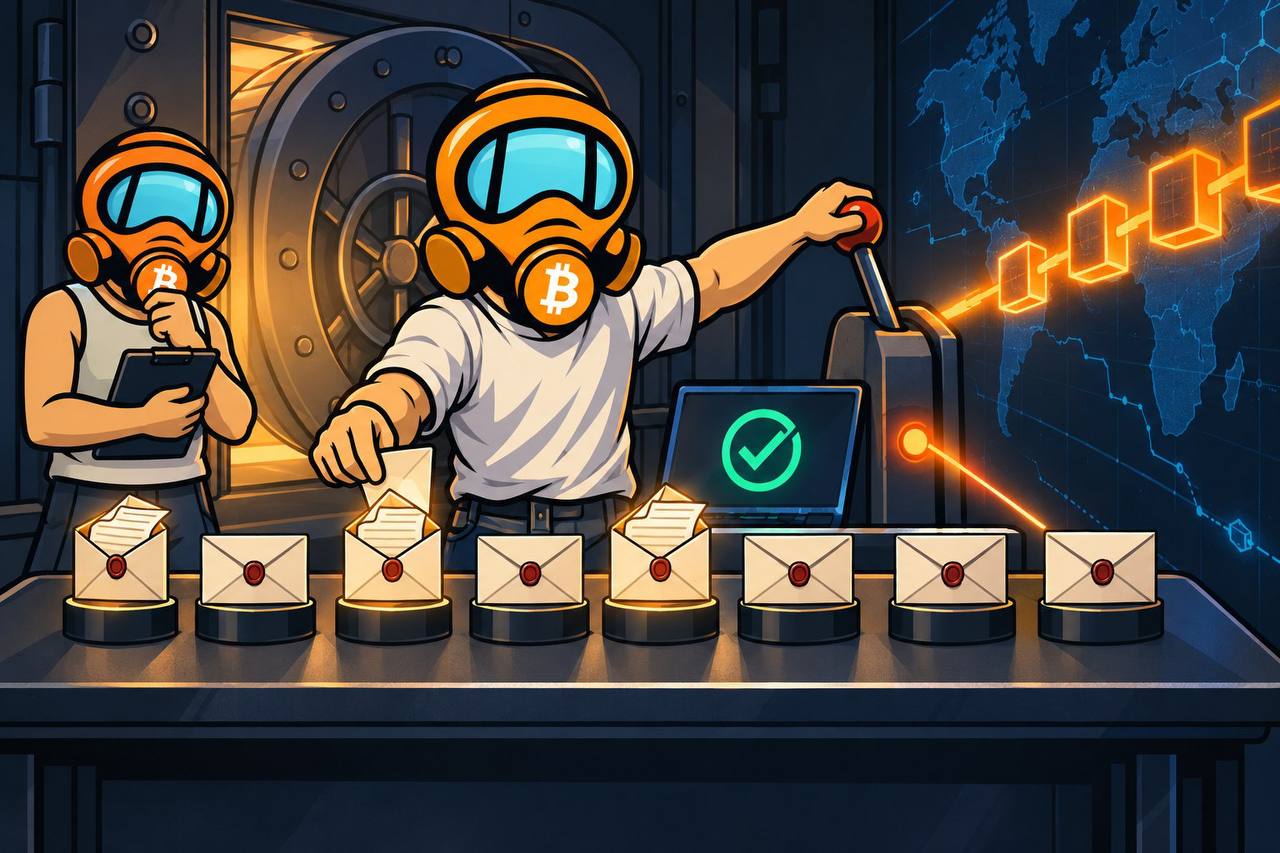 Two masked Bitcoin operators test sealed backup envelopes beside an open vault while a successful transaction is broadcast across a glowing blockchain map.