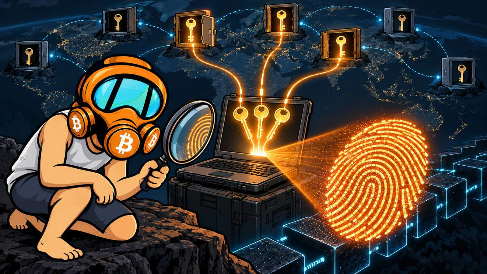 Seven distributed vaults feed three glowing keys into a laptop projecting a fingerprint onto the Bitcoin blockchain.