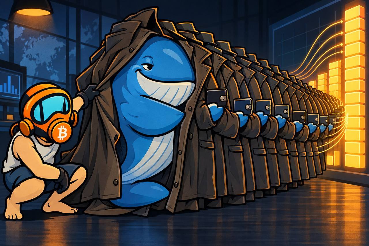 A masked Bitcoin researcher pulls back a trench coat to reveal one blue whale repeated through a line of identical coats and transaction devices beside an exaggerated volume chart.