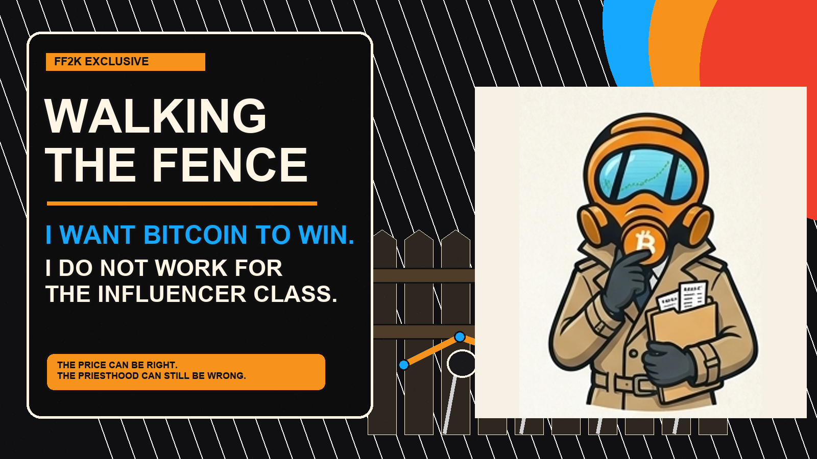 FF2K in a noir Bitcoin bunker walking a fence between a rising Bitcoin chart and influencer microphones.