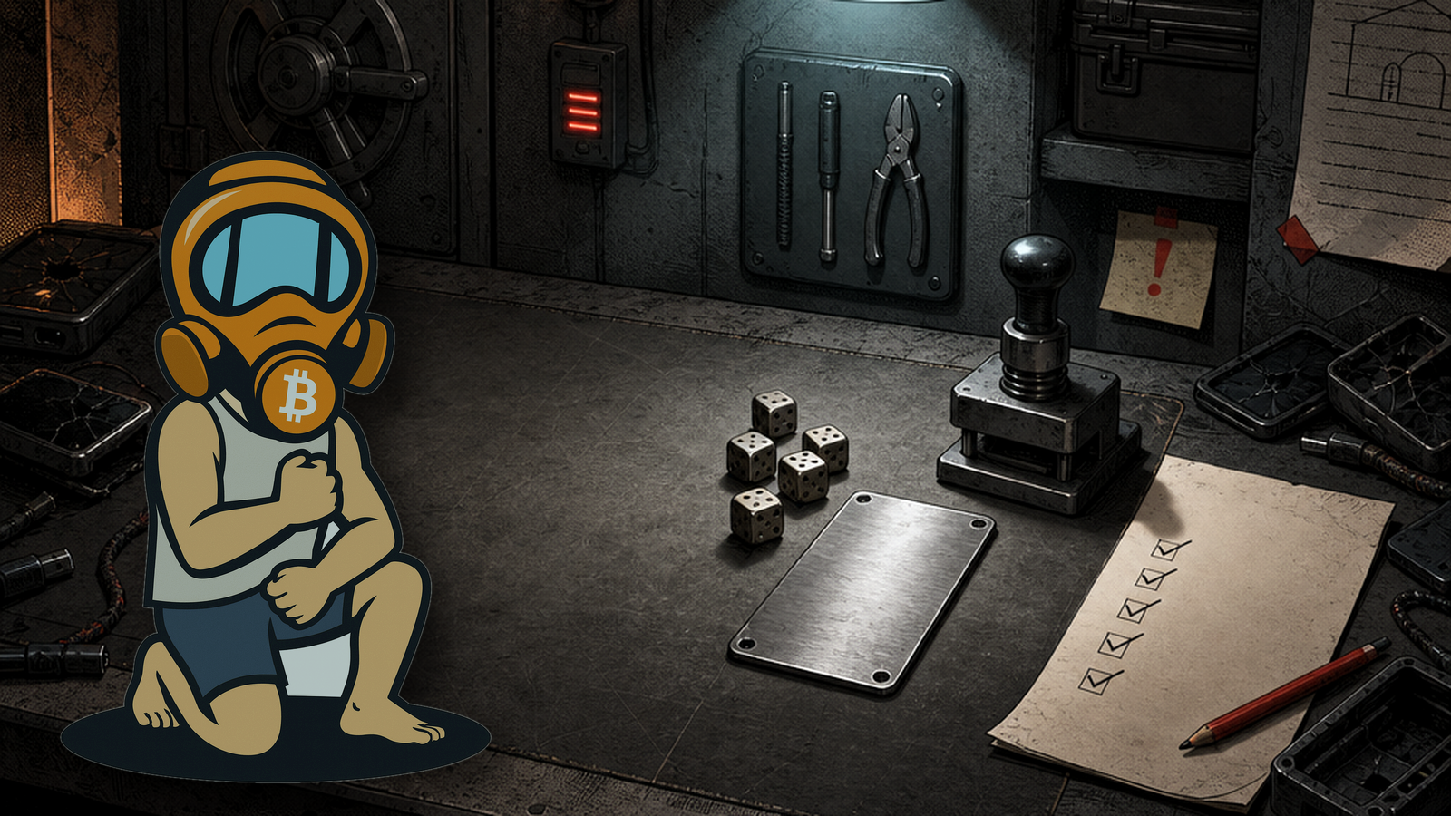 FF2K in an offline bunker beside dice, a steel seed backup, and obsolete hardware wallet shells.