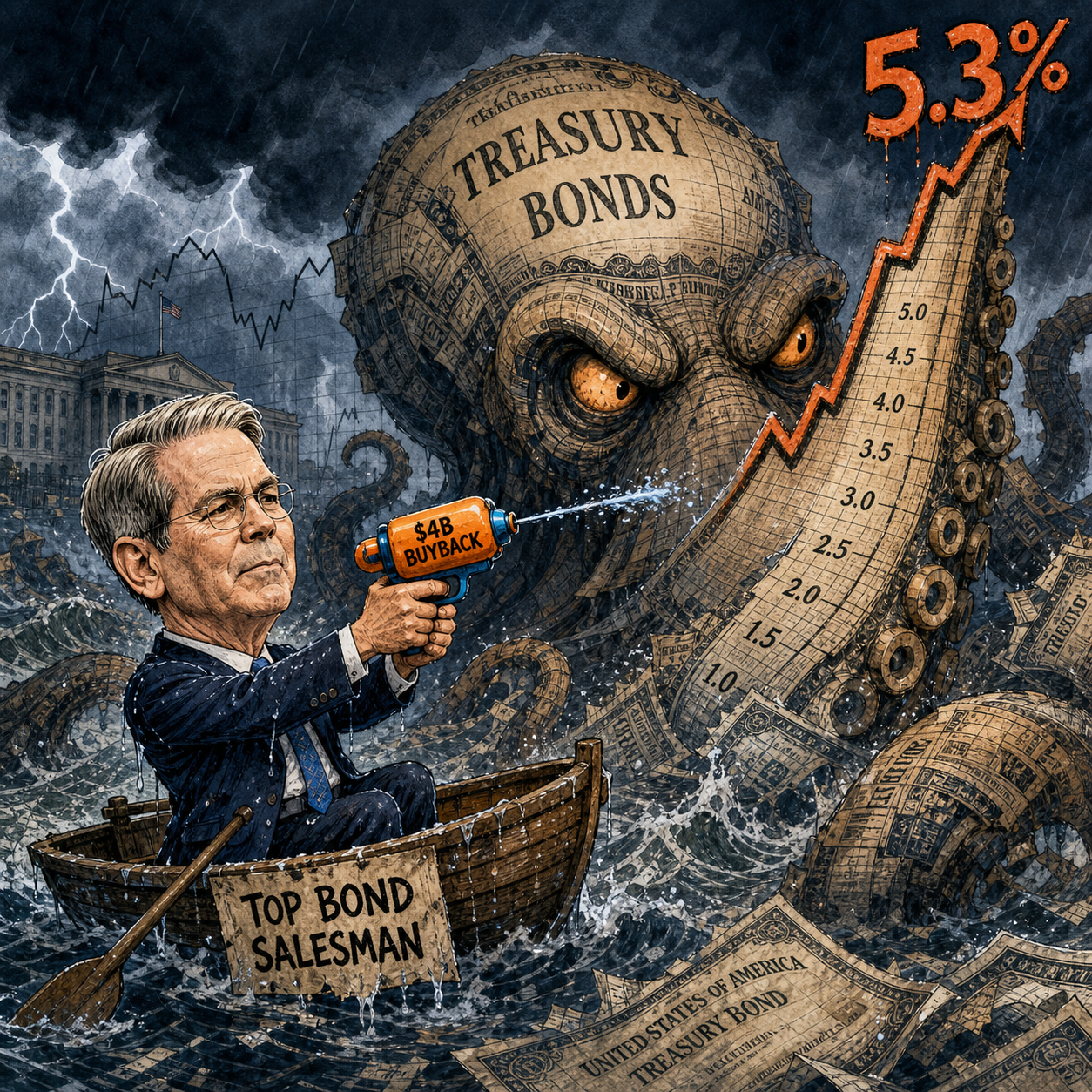Scott Bessent sits in a small boat firing a four-billion-dollar buyback squirt gun at a giant Treasury-bond sea monster carrying a 5.3 percent yield chart.