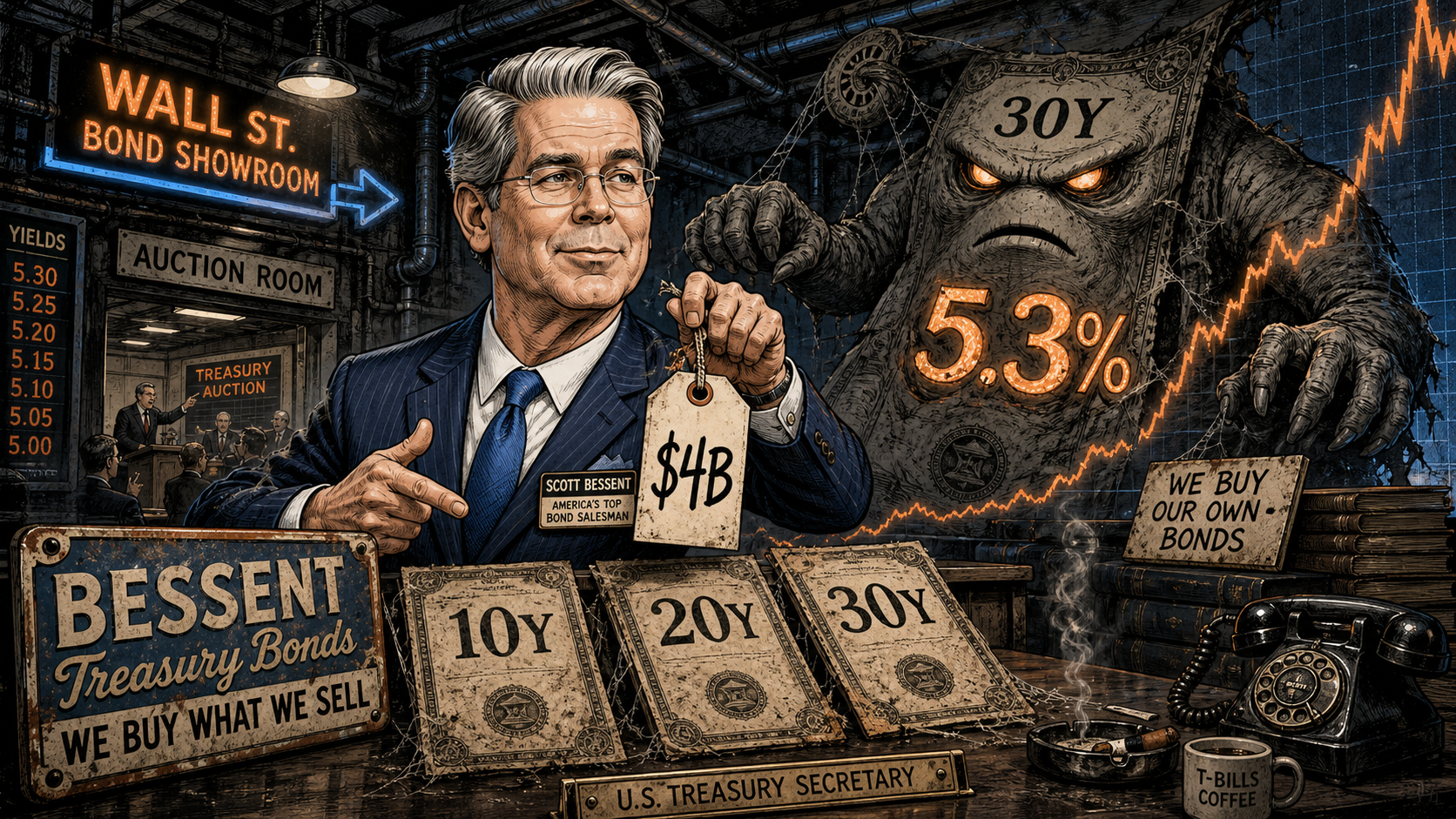 Scott Bessent sells ten-, twenty-, and thirty-year Treasury bonds from a noir Wall Street showroom while a giant angry thirty-year bond marked 5.3 percent looms behind him.