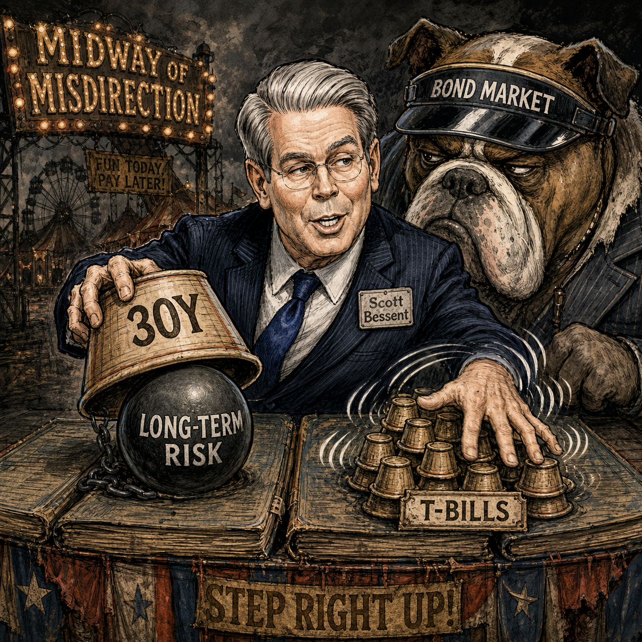 Scott Bessent runs a carnival shell game, hiding long-term risk under a thirty-year cup while moving Treasury bills under smaller cups as the bond market watches.