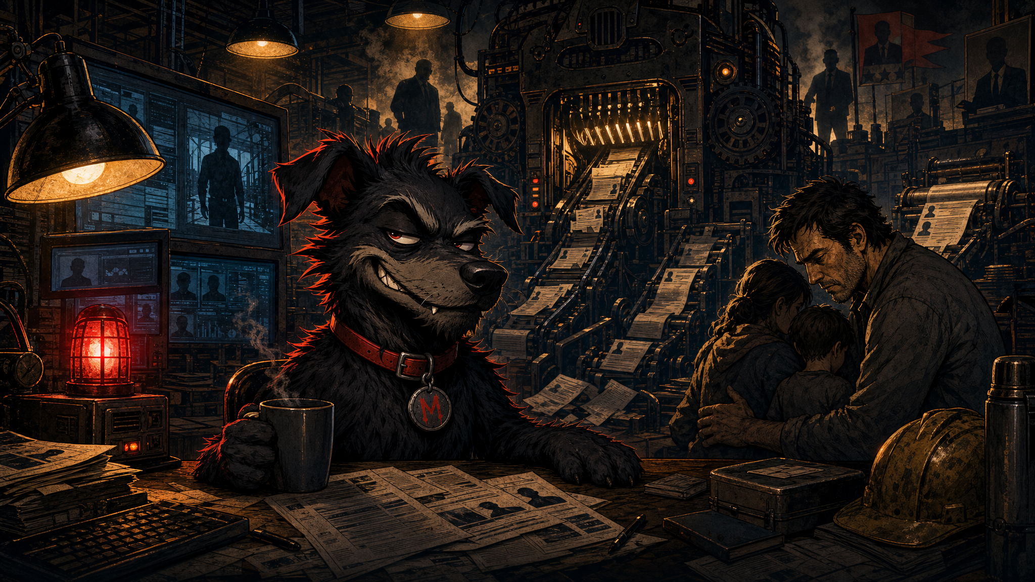 Mutley sits in a noir FF2K newsroom while an AI labor machine, faceless suits, and money-printing machinery squeeze regular workers in the background.