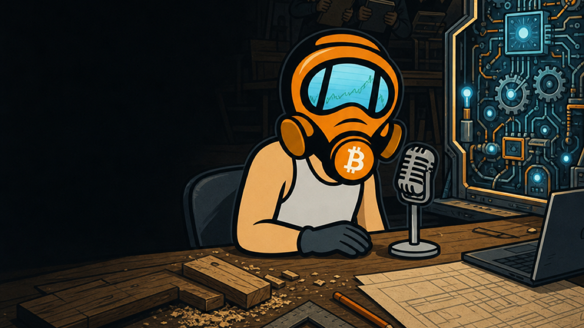 FF2K sits at a carpenter's workbench and microphone beside an intricate AI machine while anxious technical workers watch from the background.
