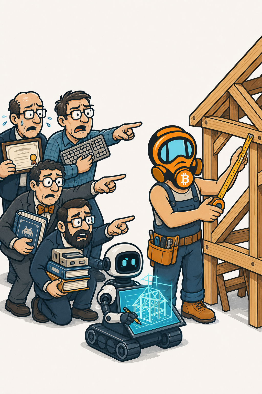 Anxious software experts clutch certificates and old computer manuals while FF2K measures a timber frame beside a small AI design robot.