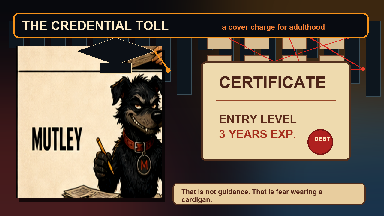 Mutley in a graduation cap holding a certificate marked entry level with three years experience and debt.