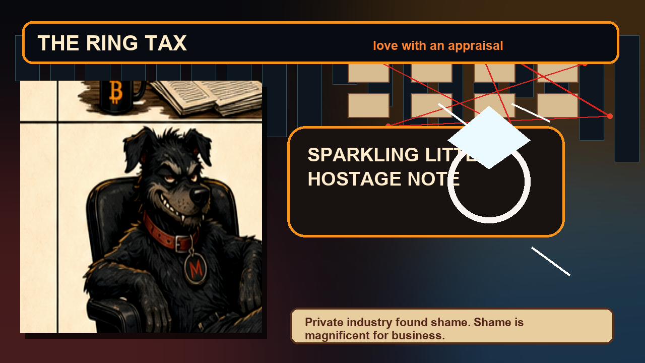 Mutley presenting the diamond ring tax as a sparkling hostage note.