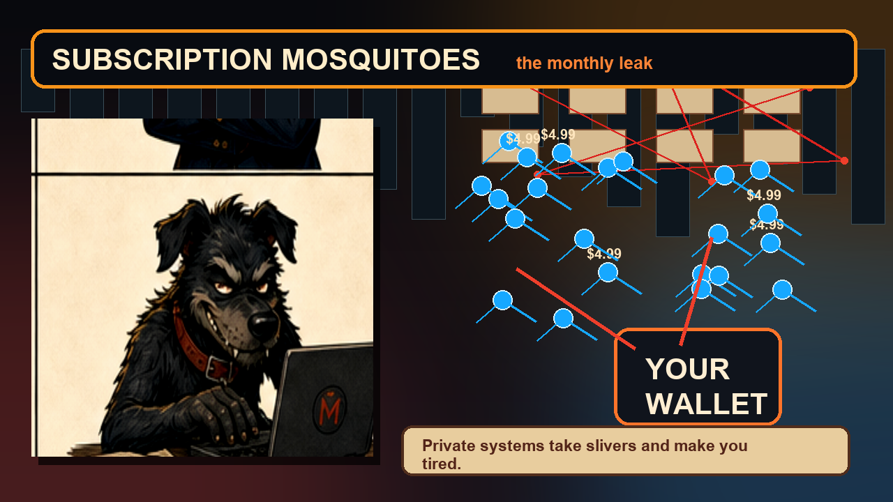 Mutley watching subscription mosquitoes drain a wallet five dollars at a time.