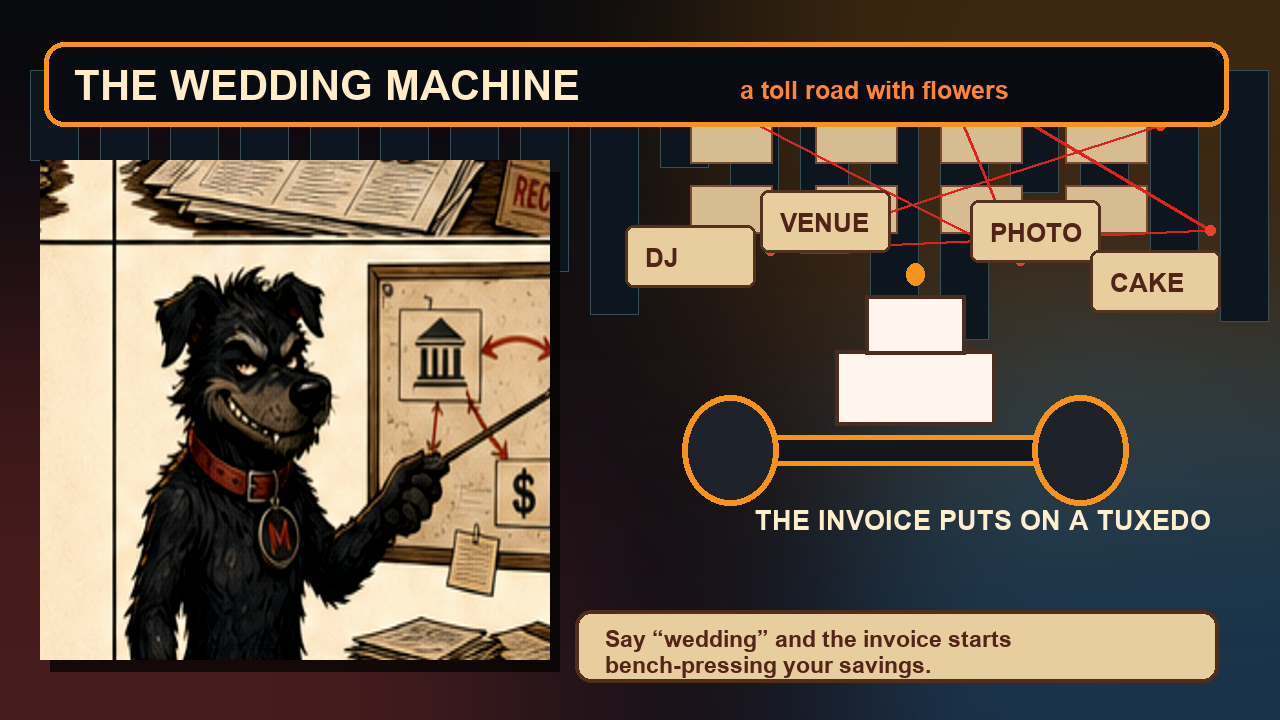Mutley pointing at a wedding machine where a cake bench-presses an invoice.