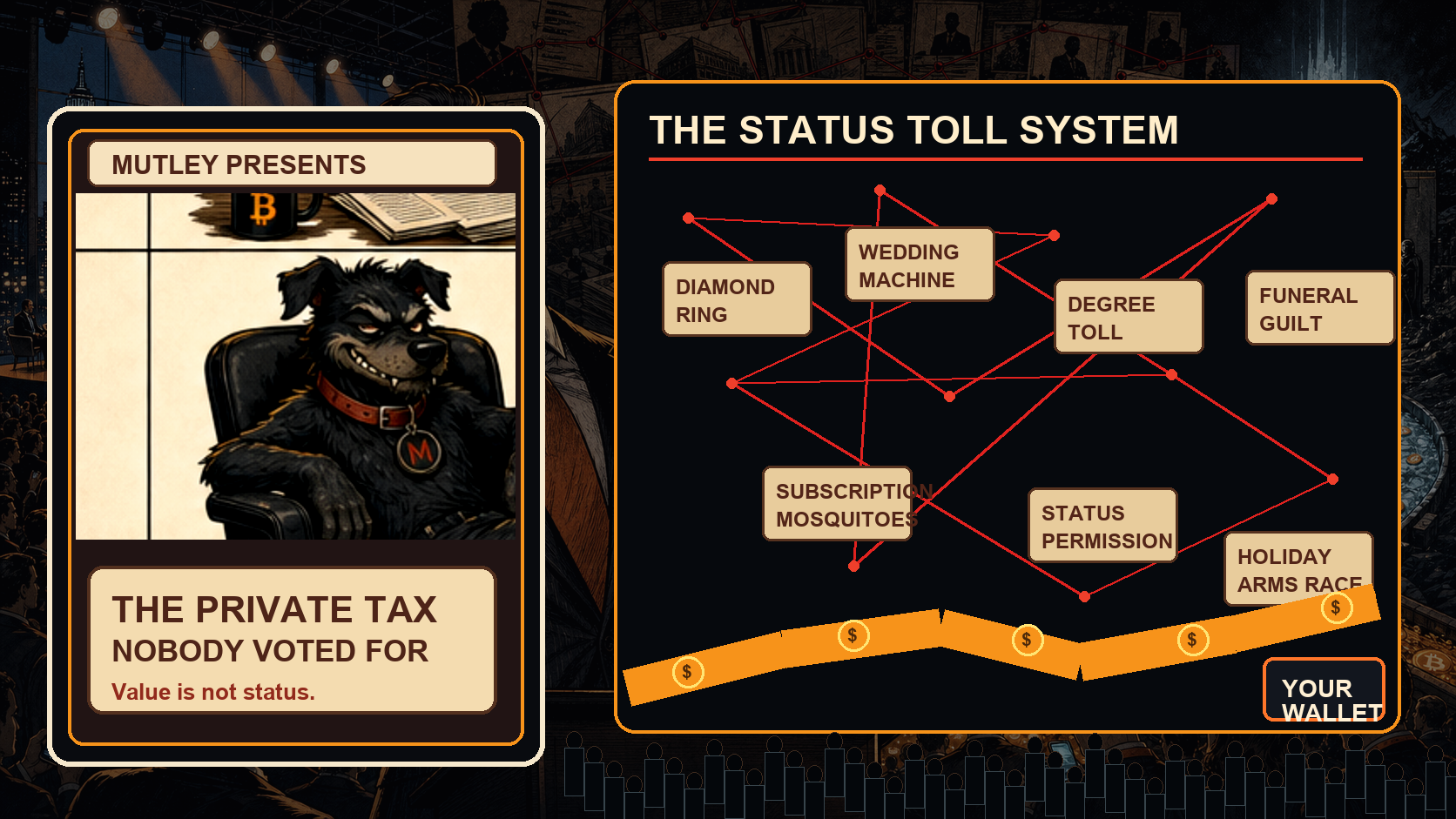 Comic noir scene of Mutley exposing private social taxes as diamonds, weddings, degrees, funerals, subscriptions, and status toll booths draining money from regular people.