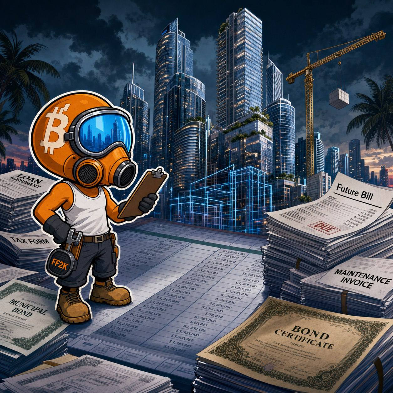 FF2K noir artwork showing debt, future bills, and skyscrapers rising from paperwork.