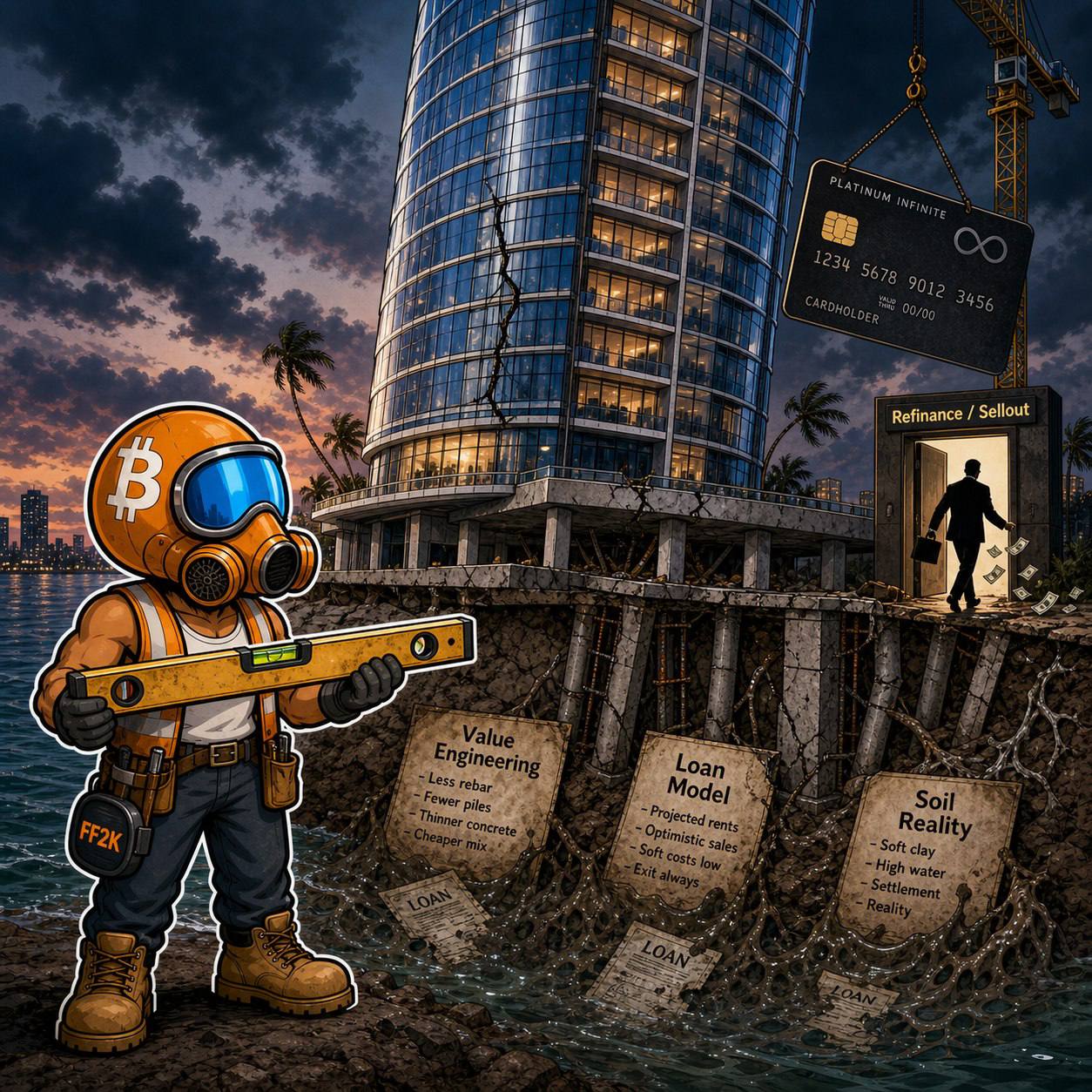 FF2K inspector beside a cracked waterfront tower with labels for value engineering, loan model, and soil reality.