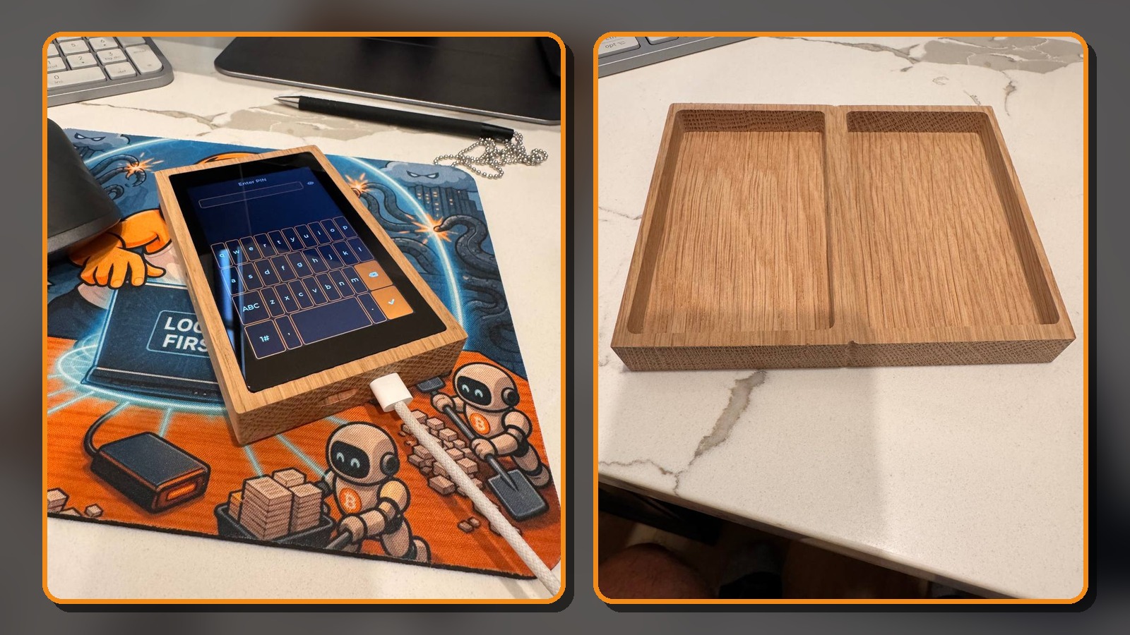 Kern running in a CNC-milled elm enclosure beside an accidental dual-device elm tray.