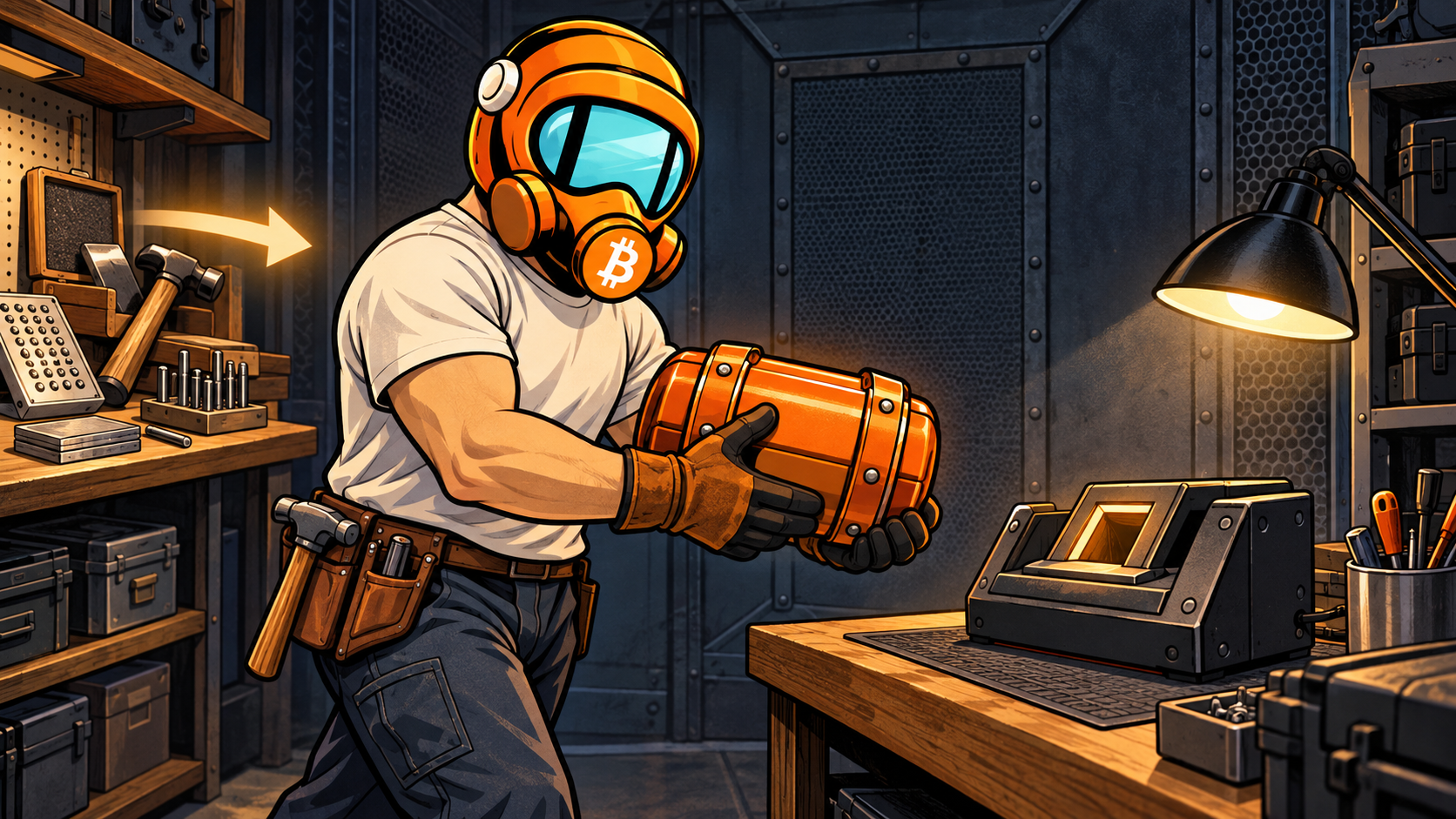 FF2K carries a sealed orange seed capsule toward an offline signing device in a dark workshop.
