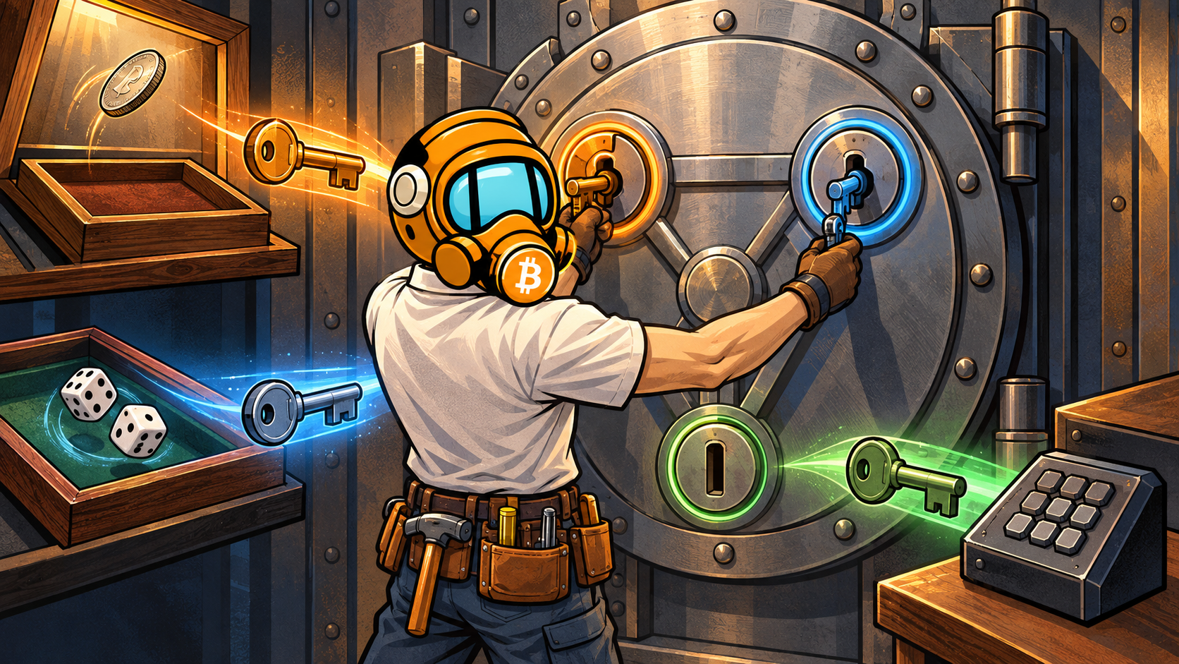 FF2K operates a three-key vault whose keys originate from coin flips, dice, and an offline hexadecimal keypad.
