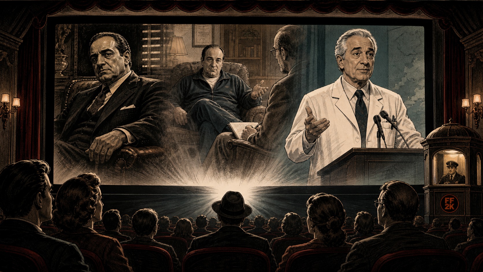 A cinema audience watches fictional Italian-American archetypes blend from crime-family patriarch to mob boss in therapy to public-health doctor.