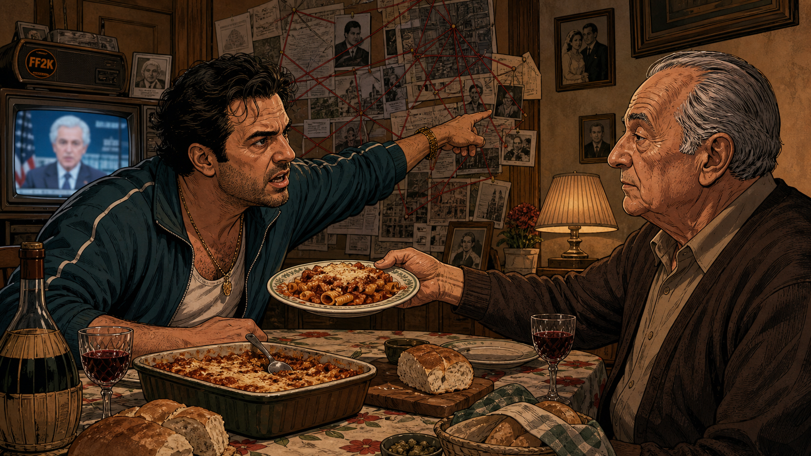 Danny and Uncle Sal argue at Sunday dinner beneath a television and a wall of cultural clues.