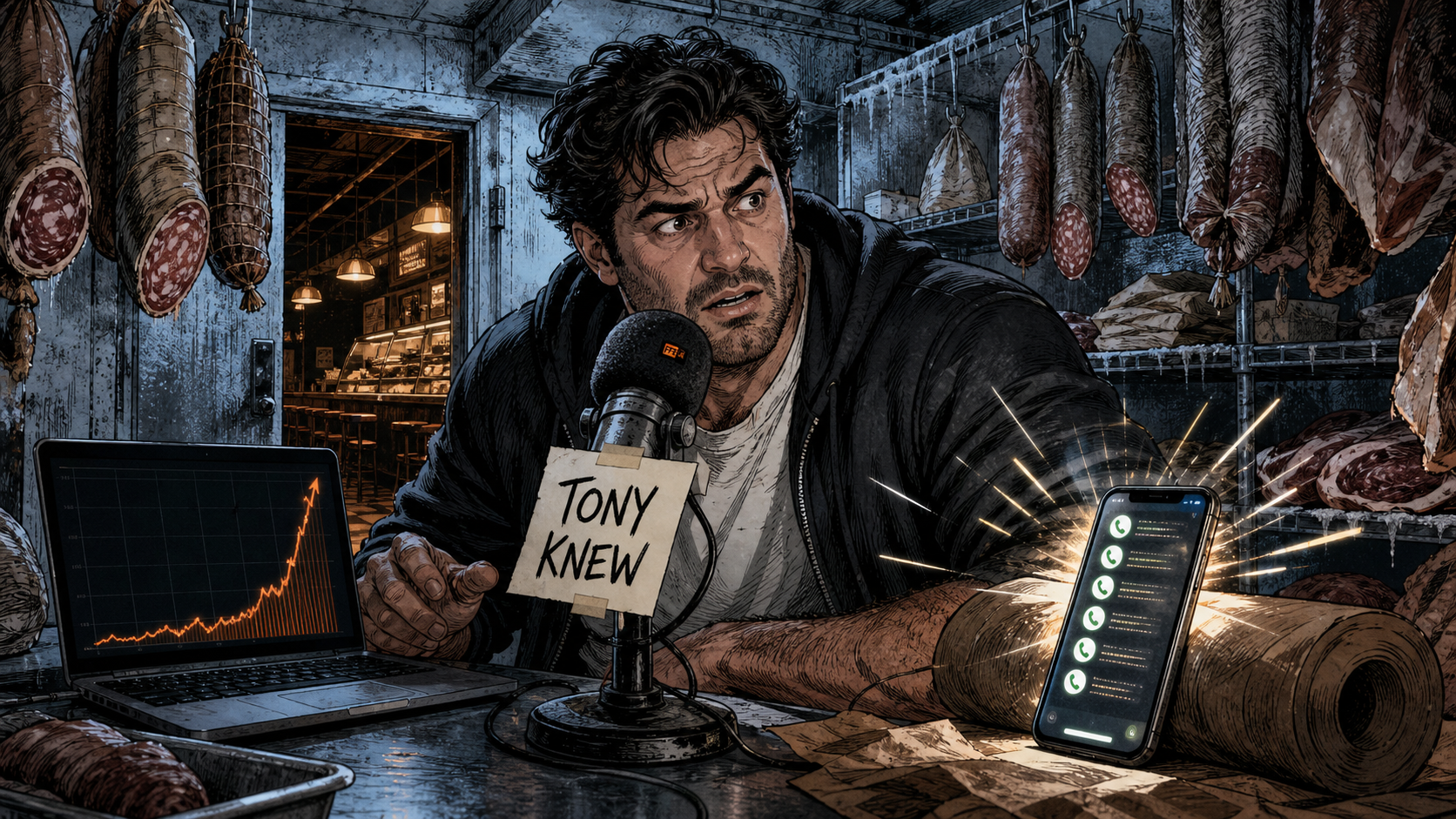 Danny records the Tony Knew podcast inside a deli meat freezer while the audience graph begins to rise.