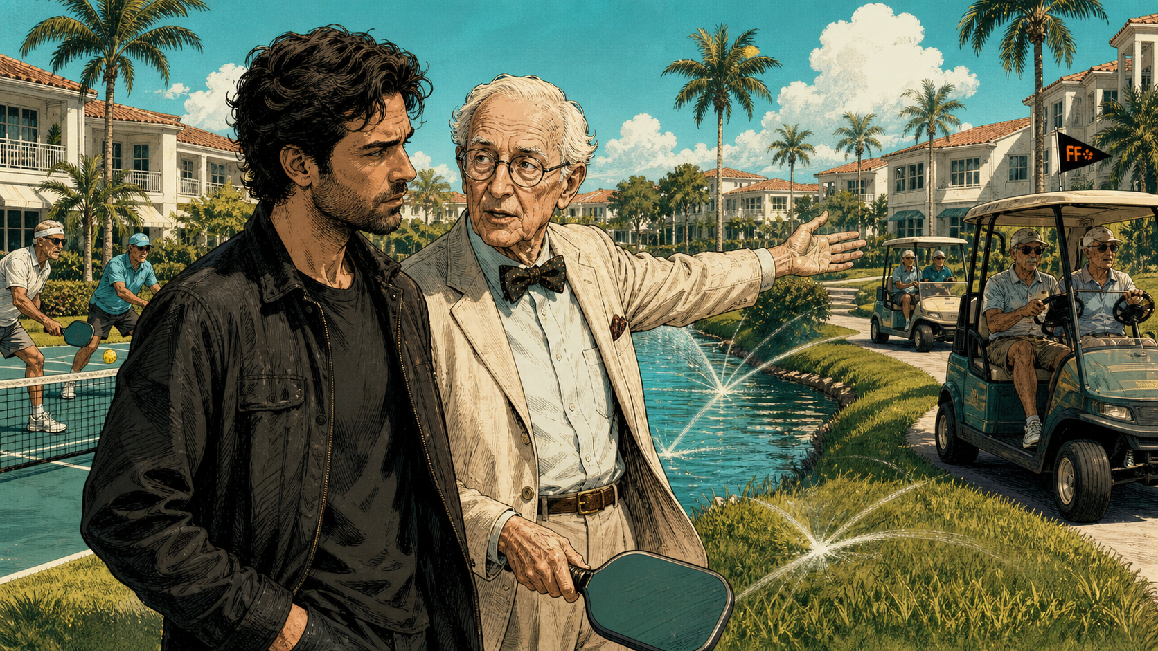 Danny walks beside Dr. Bloom through a Florida retirement community with sprinklers, pickleball, and aggressive golf carts.