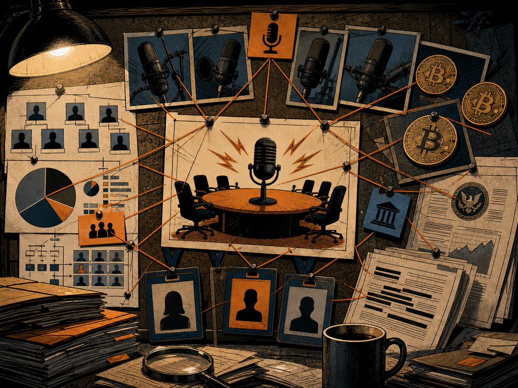 Noir FF2K evidence board connecting podcast microphones, Bitcoin coins, cap tables, filing pages, and public-company symbols.