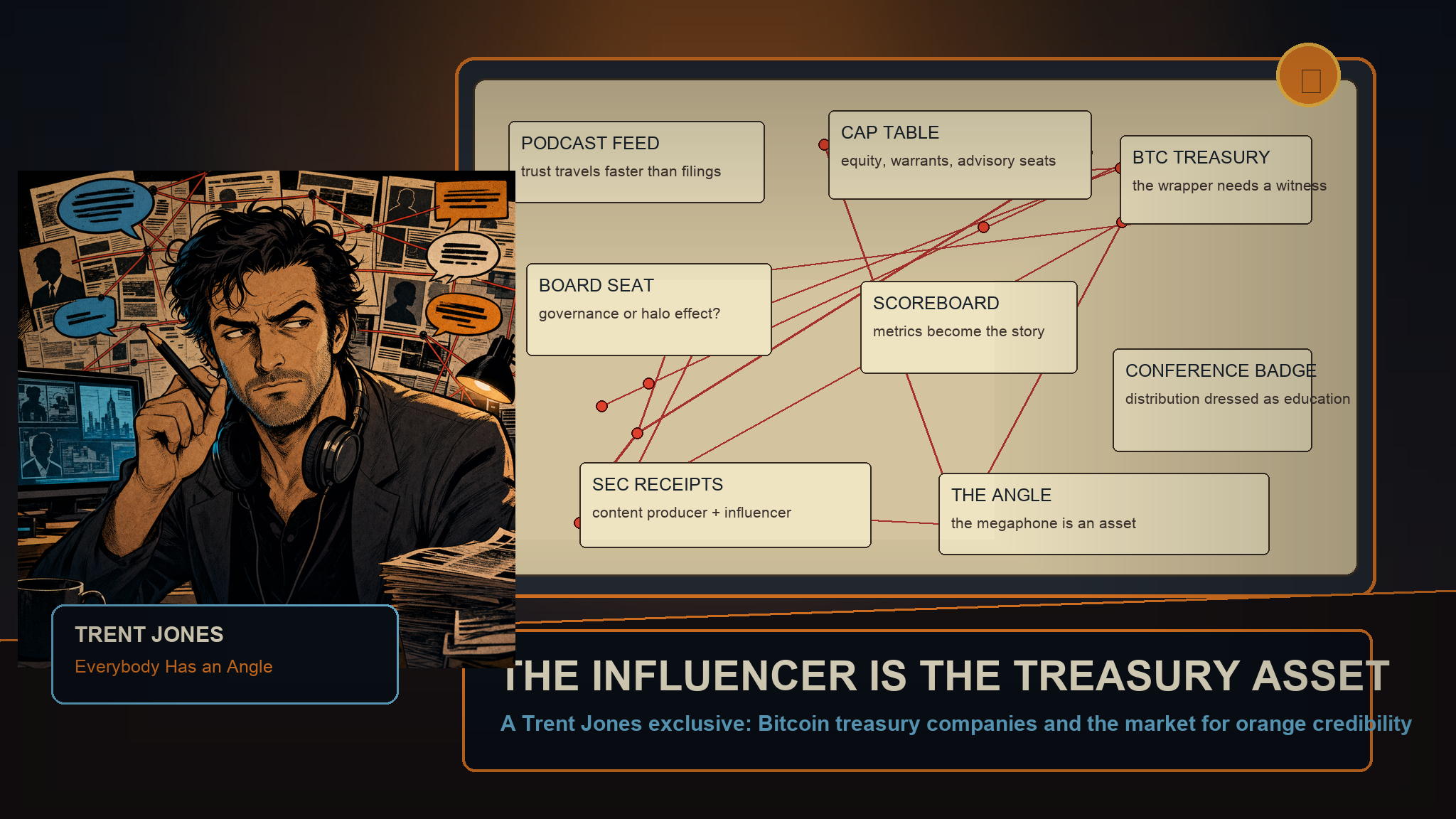 Trent Jones in a dark FF2K newsroom pointing at an evidence board connecting podcast feeds, board seats, SEC receipts, scoreboards, conference badges, and Bitcoin treasury companies.