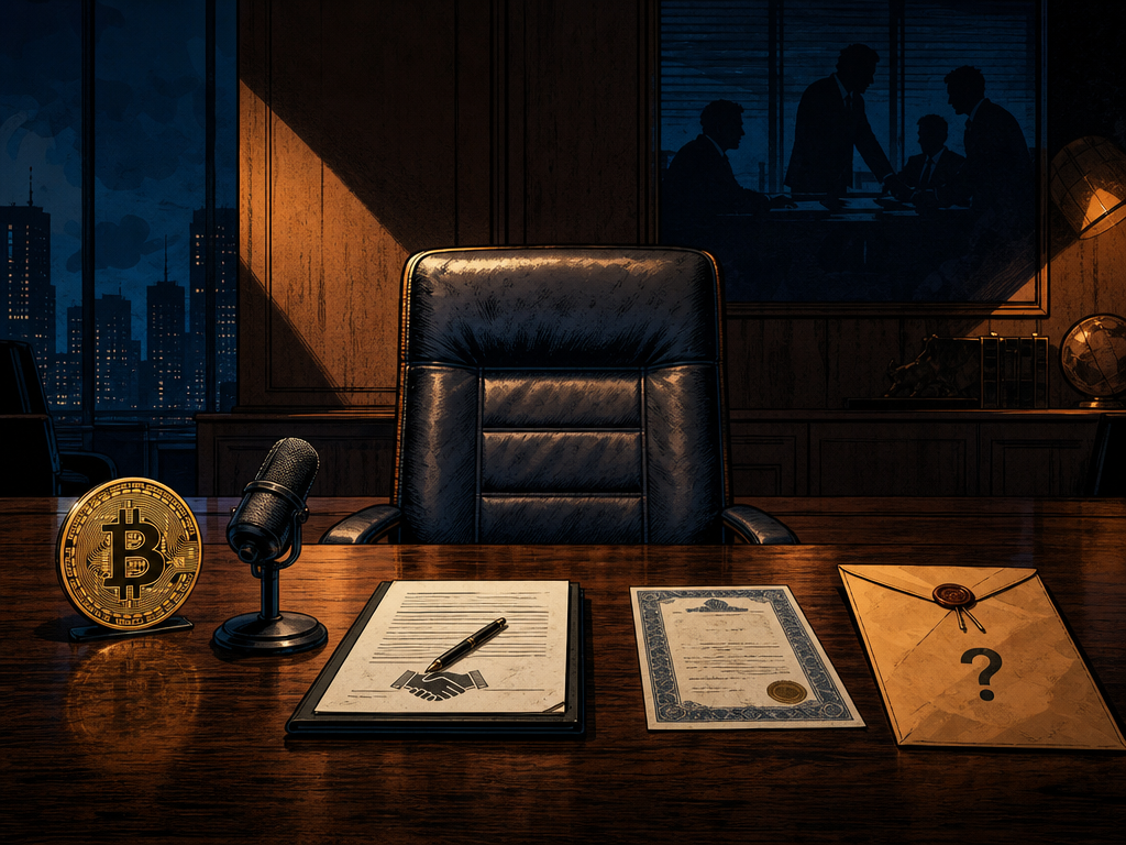 Noir boardroom with an empty chair, Bitcoin coin, microphone, stock certificate, advisory paper, and question-marked compensation envelope.