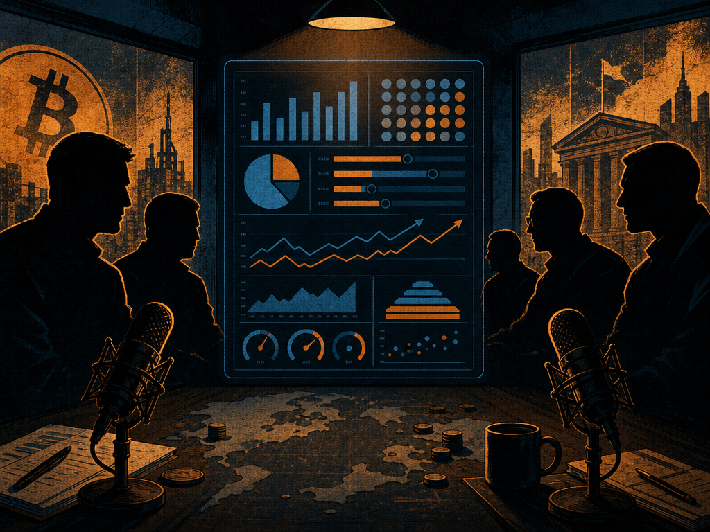 Dark financial war room with a glowing abstract data dashboard between Bitcoin treasury silhouettes and podcast microphones.
