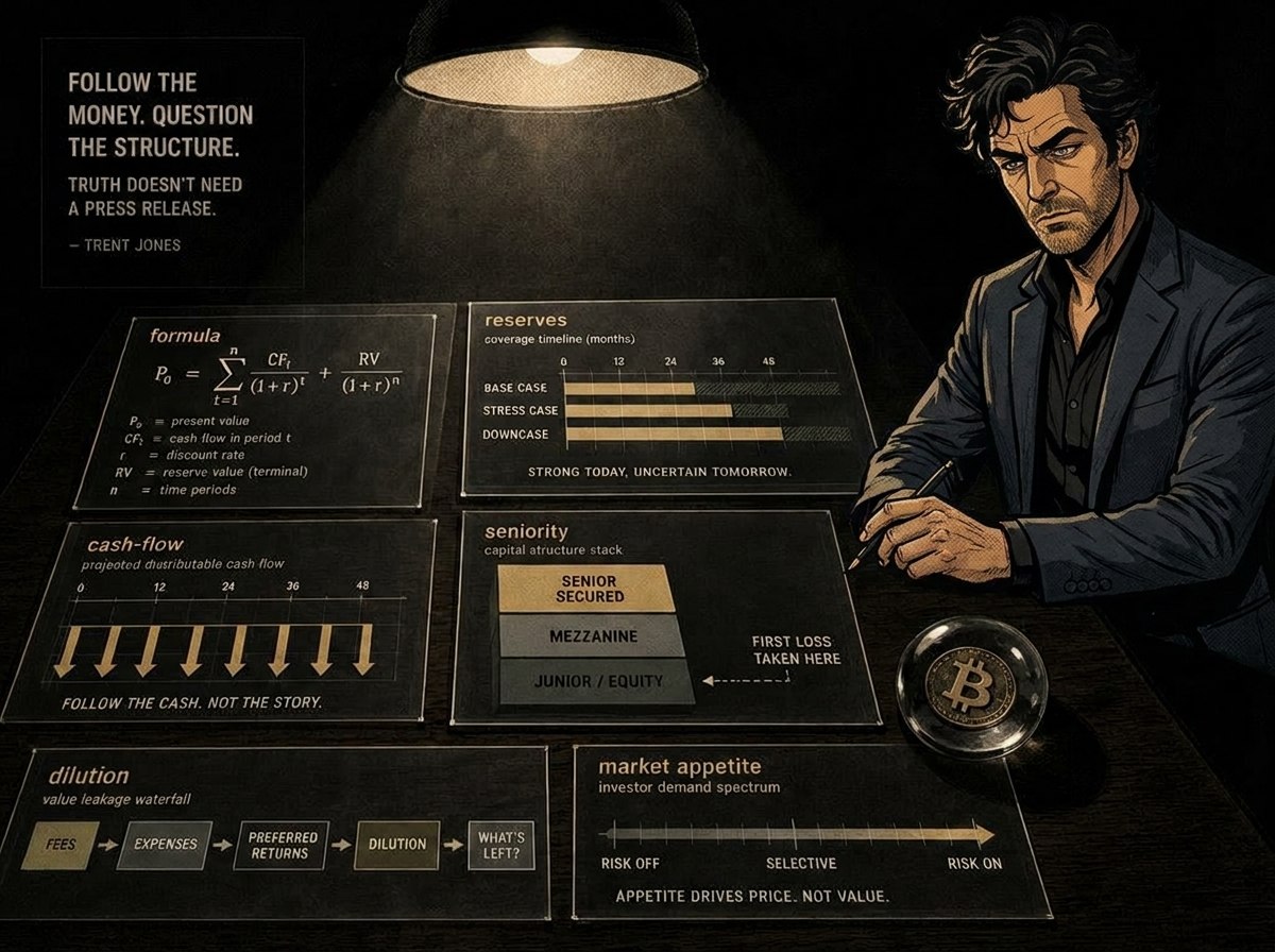 Trent Jones studies a noir desk model showing formula, reserves, cash flow, seniority, dilution, and market appetite.