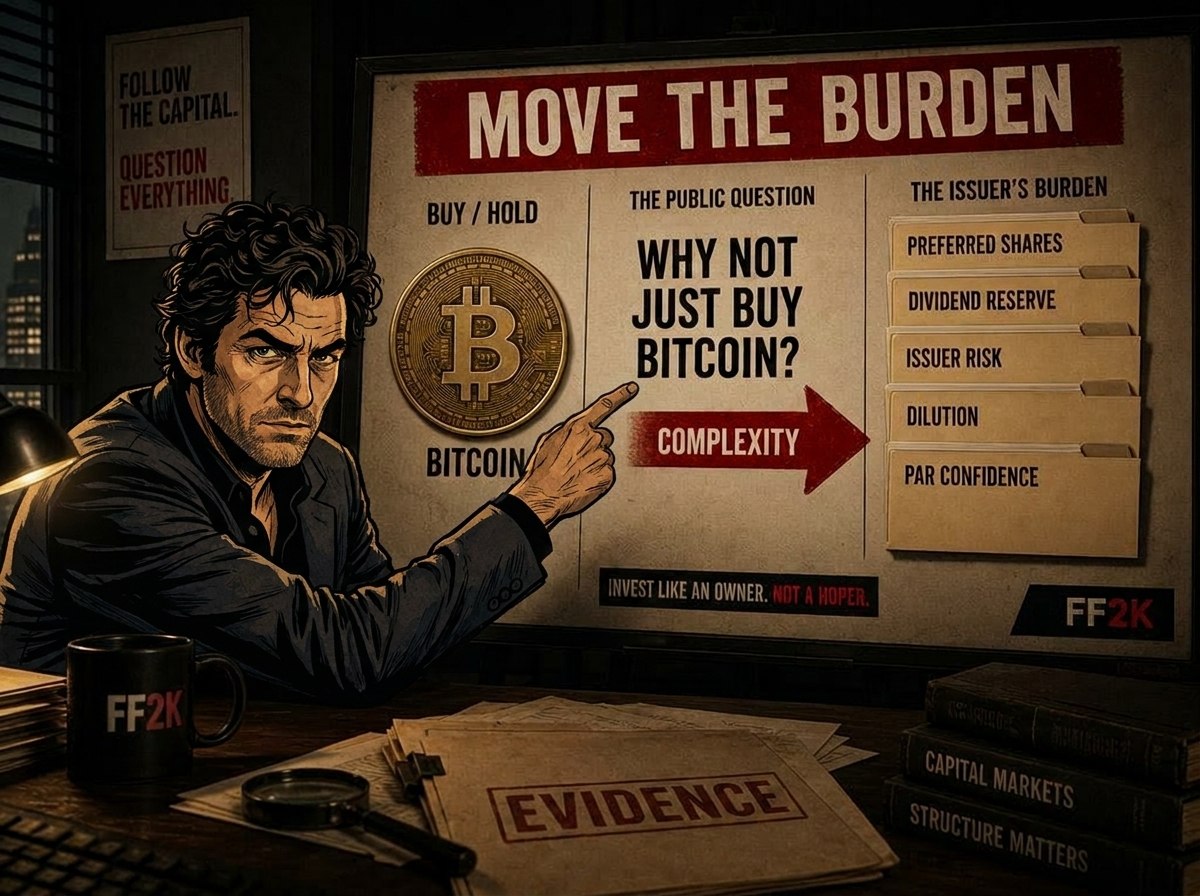 Trent Jones points to a board showing complexity moving the burden from the public question why not just buy Bitcoin to issuer obligations.