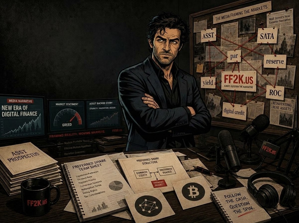 Trent Jones stands in a dark FF2K finance-media war room with microphones, prospectus pages, and an evidence board mapping ASST, SATA, par, reserve, yield, ROC, and digital credit.