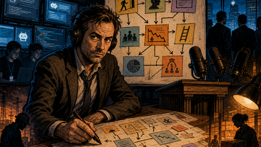 Trent Jones in a noir media war room mapping podcast microphones, AI chat windows, interns, workers, and investor silhouettes on an evidence board labeled with incentives and missing scenes.