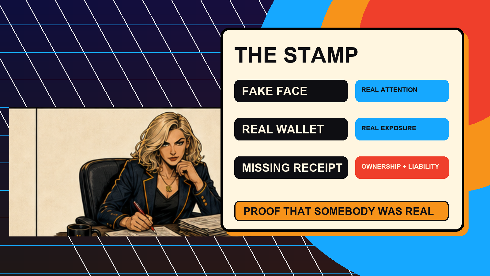Vera Ledger stamps fake face, real wallet, missing receipt on the synthetic influencer economy.