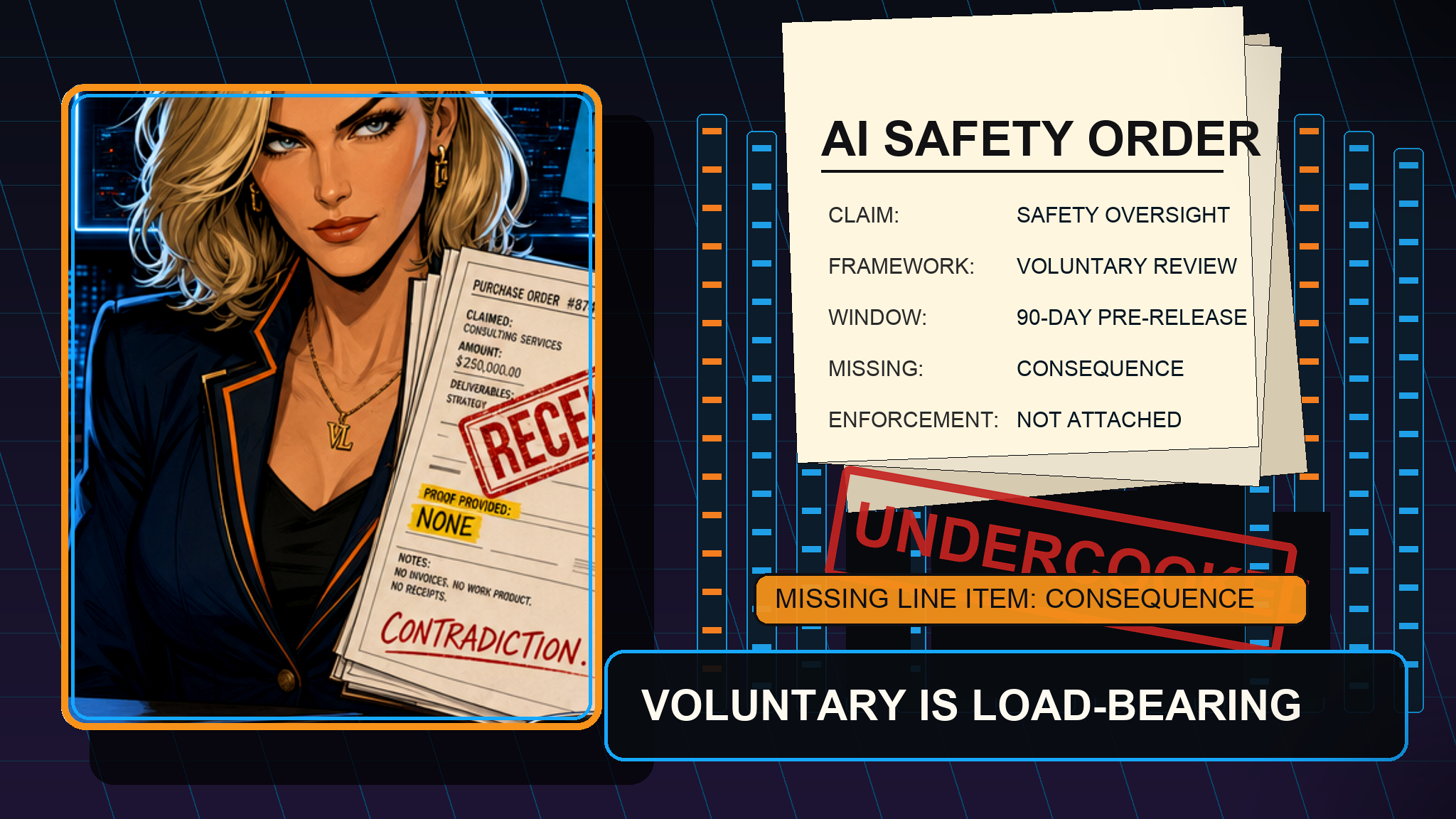 Vera Ledger in a noir audit newsroom holding receipts beside a voluntary AI review order, missing enforcement line item, and undercooked stamp.