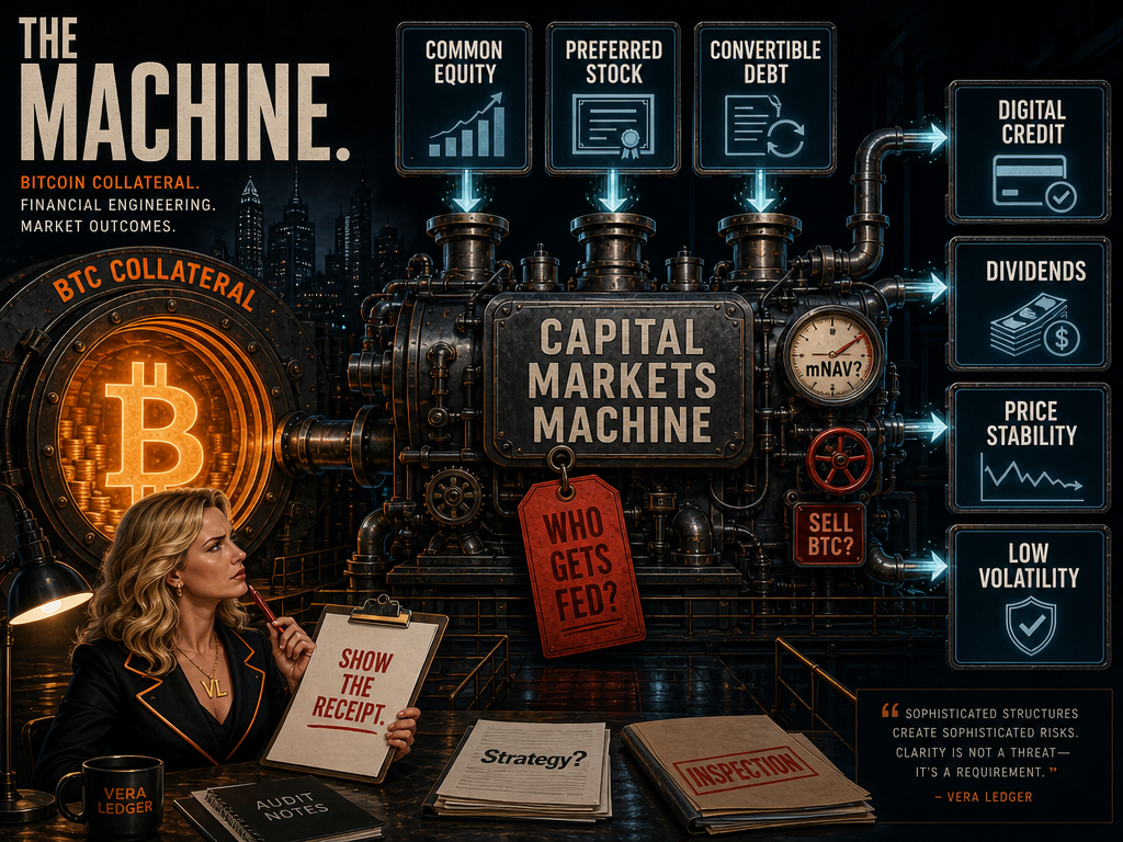 Vera Ledger observes a Bitcoin-backed capital markets machine converting collateral into Digital Credit, dividends, price stability, and low volatility.