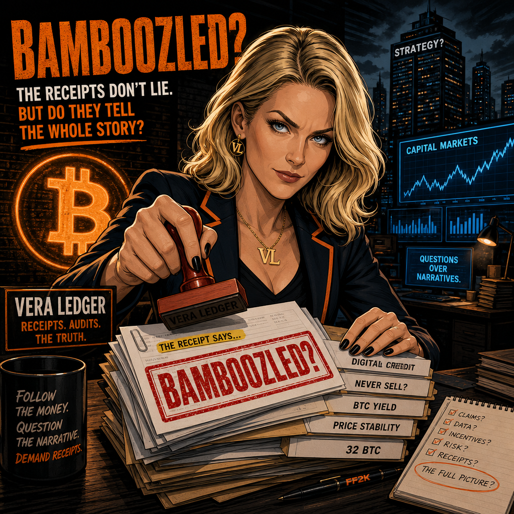 Vera Ledger stamps Bamboozled on documents labeled Digital Credit, BTC Yield, price stability, and never sell.